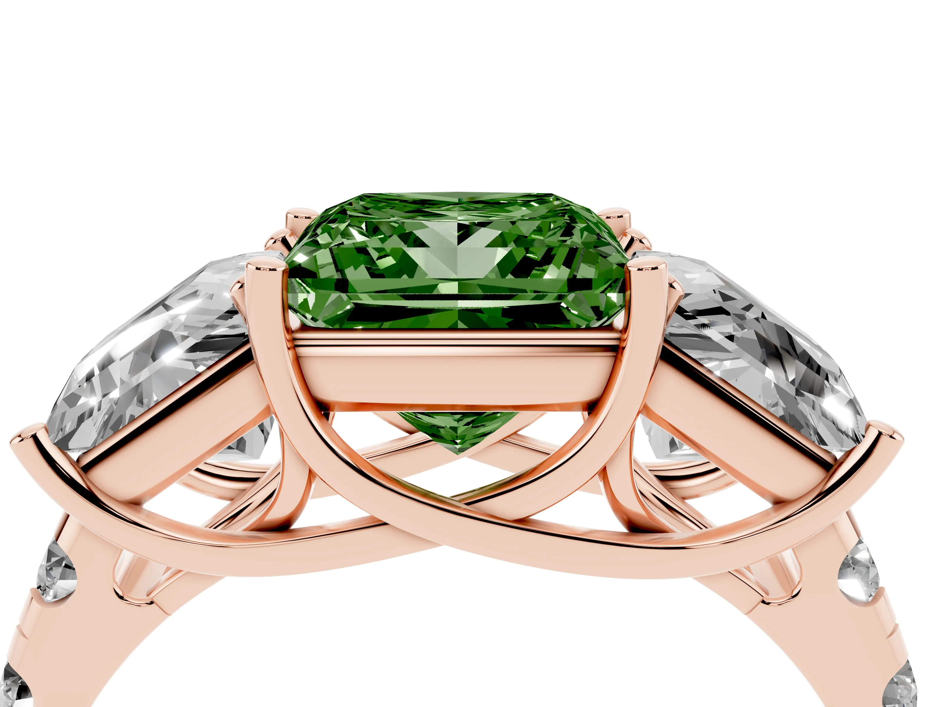 Fancy Green Princess Cut Diamond Three-Stone Ring Set in Rose gold with Pavé Band