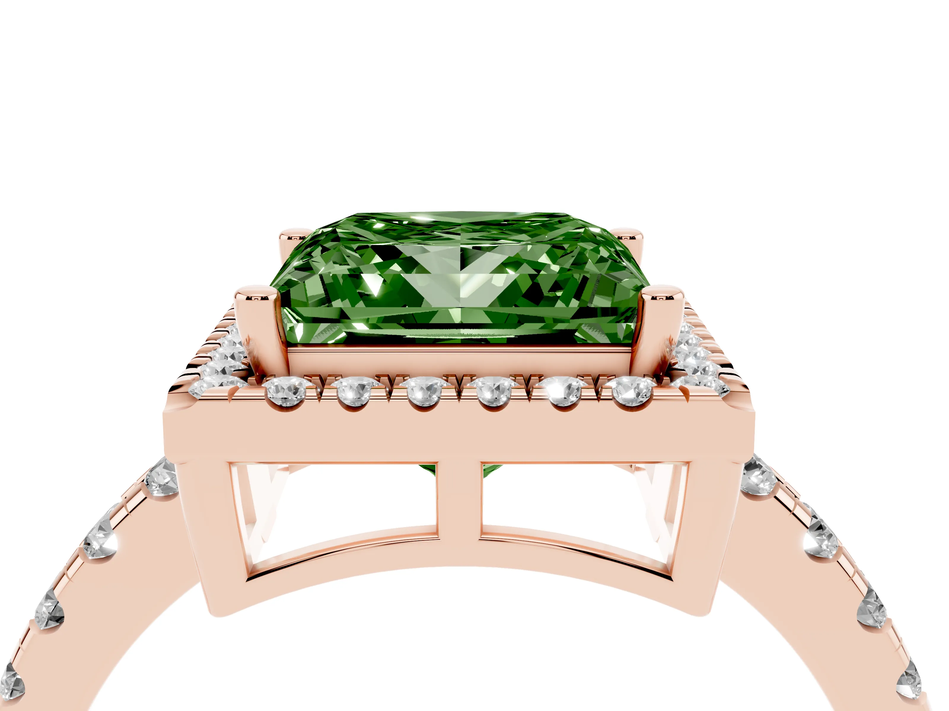 Fancy Green Princess Cut Diamond Halo Ring Set in Rose gold with Delicate Pavé Band and Prong Setting