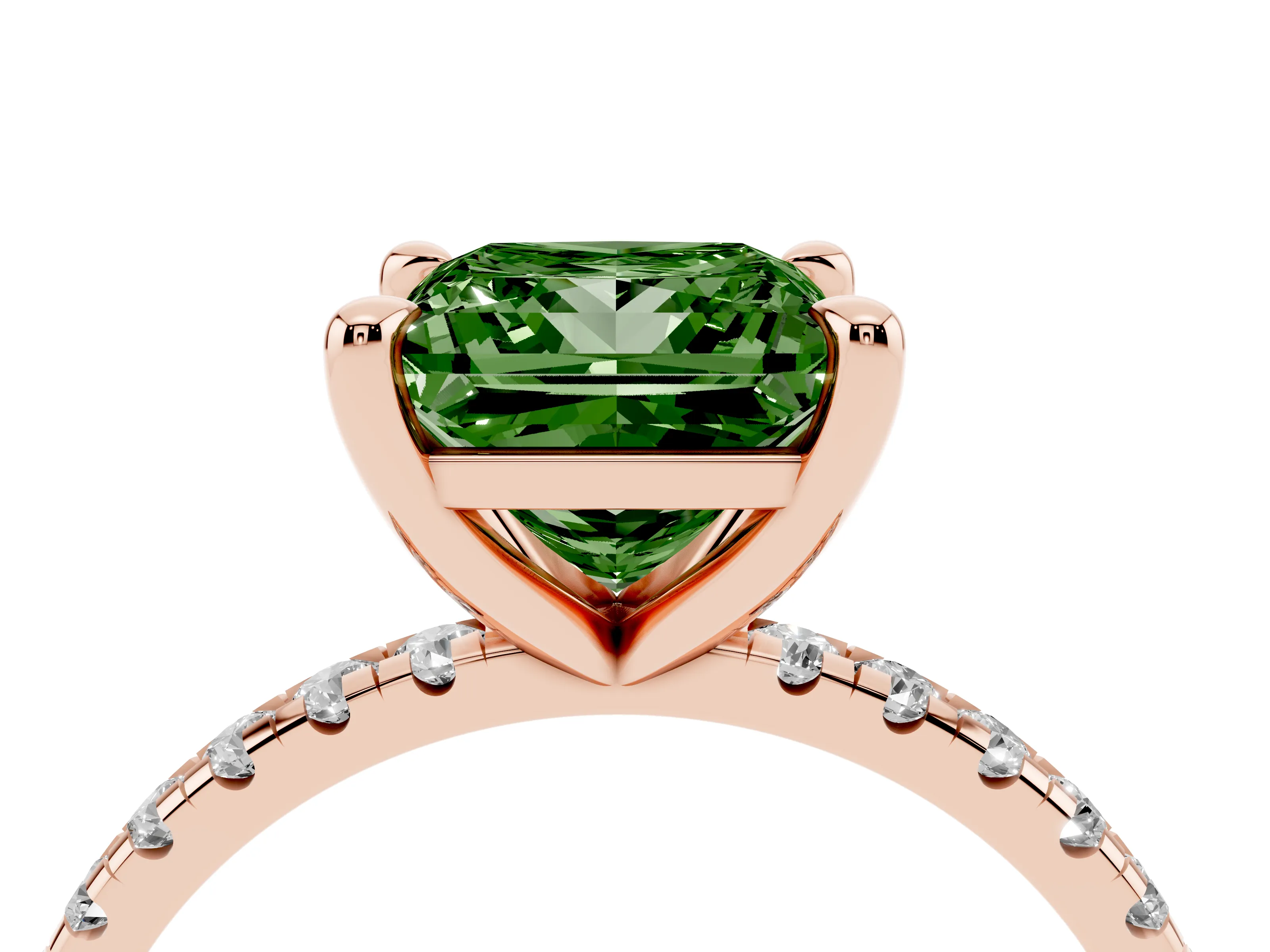 Fancy Green Princess Cut Diamond Brilliant Solitaire Ring Set in Rose gold with Pavé Band and Prong Setting