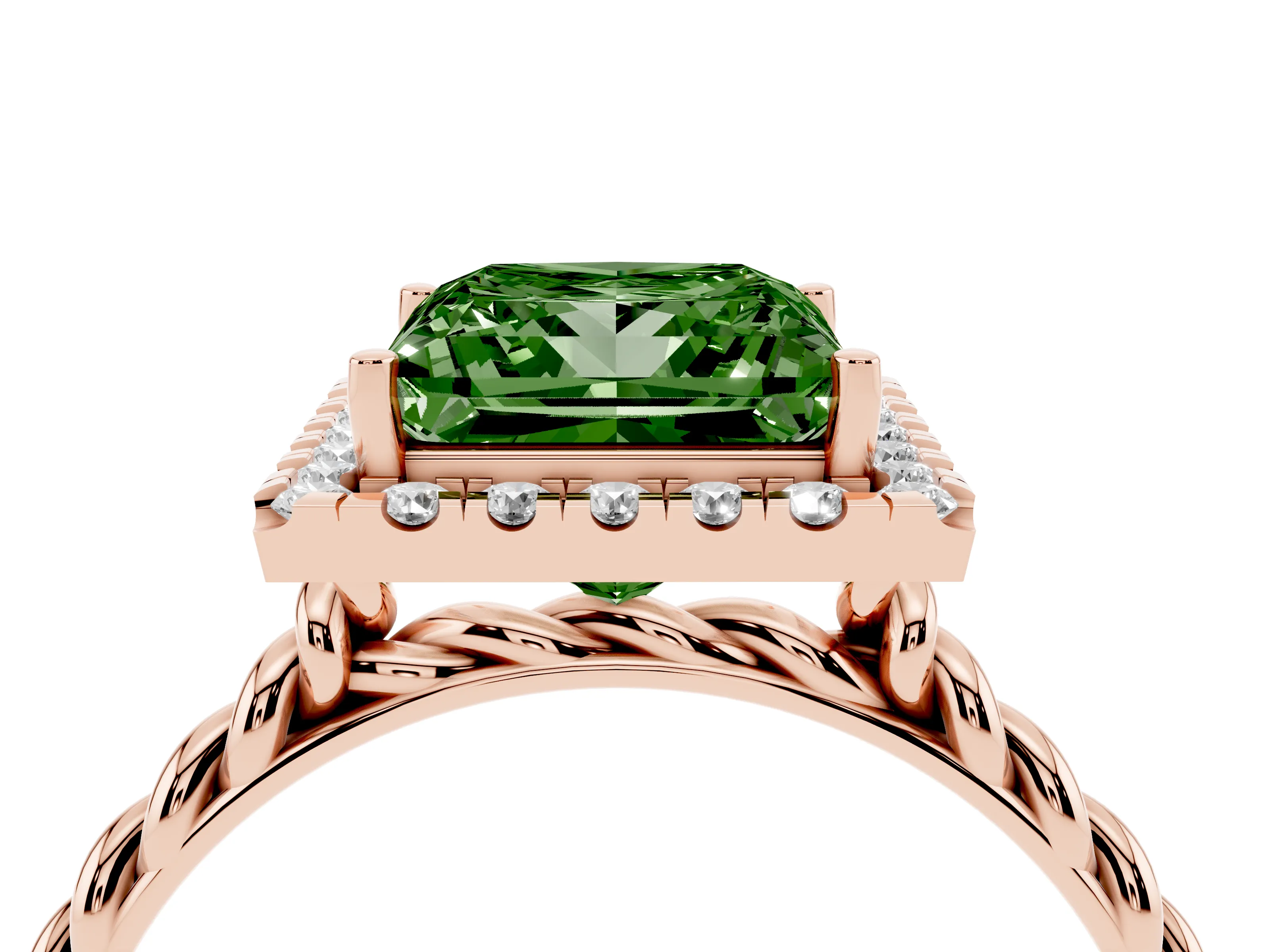 Fancy Green Princess Cut Diamond Halo Ring Set in Rose gold with Plain Twisted Band
