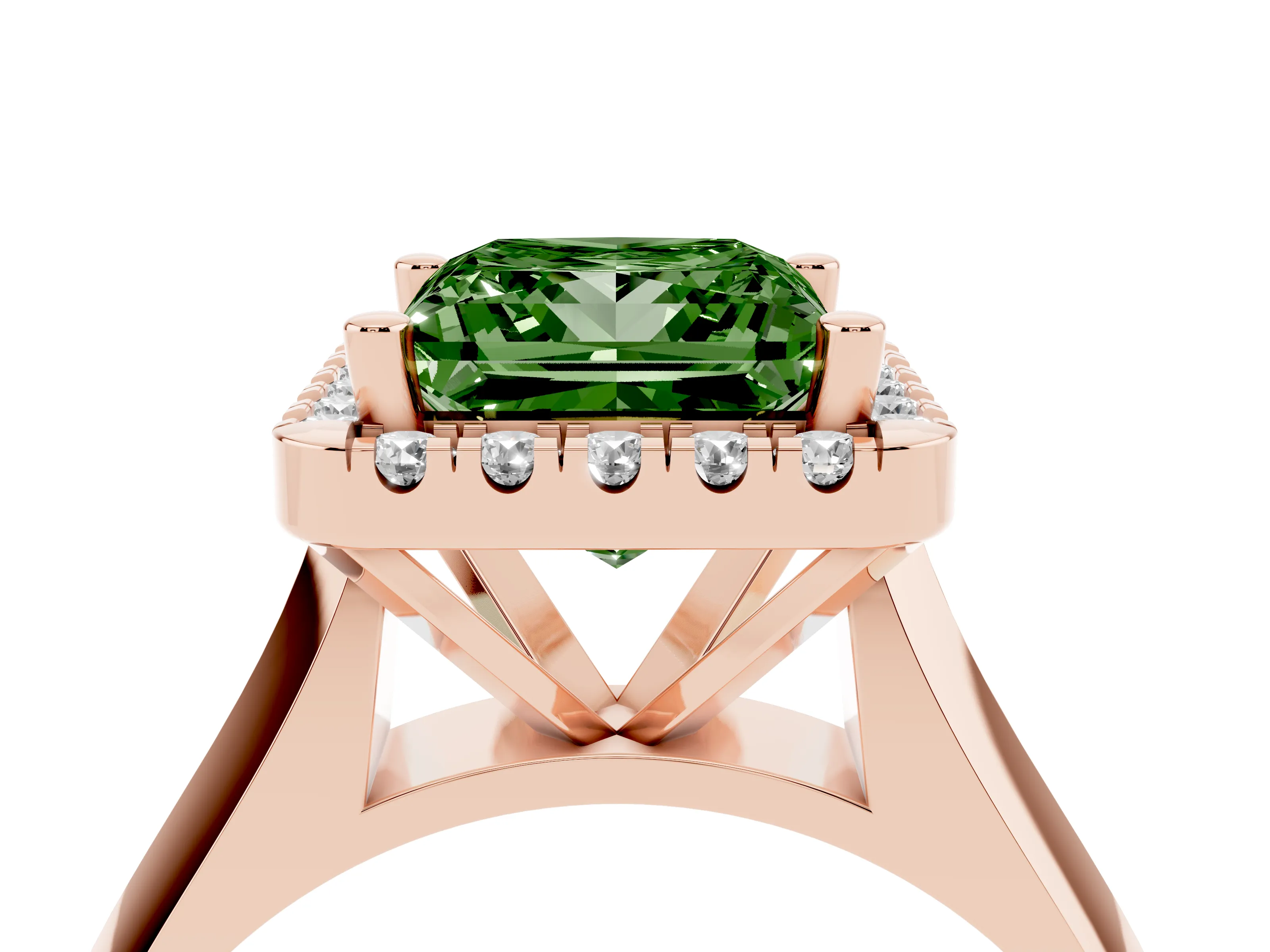 Fancy Green Princess Cut Diamond Halo Solitaire Engagement Ring Set in Rose gold with Square Band and Prong Setting