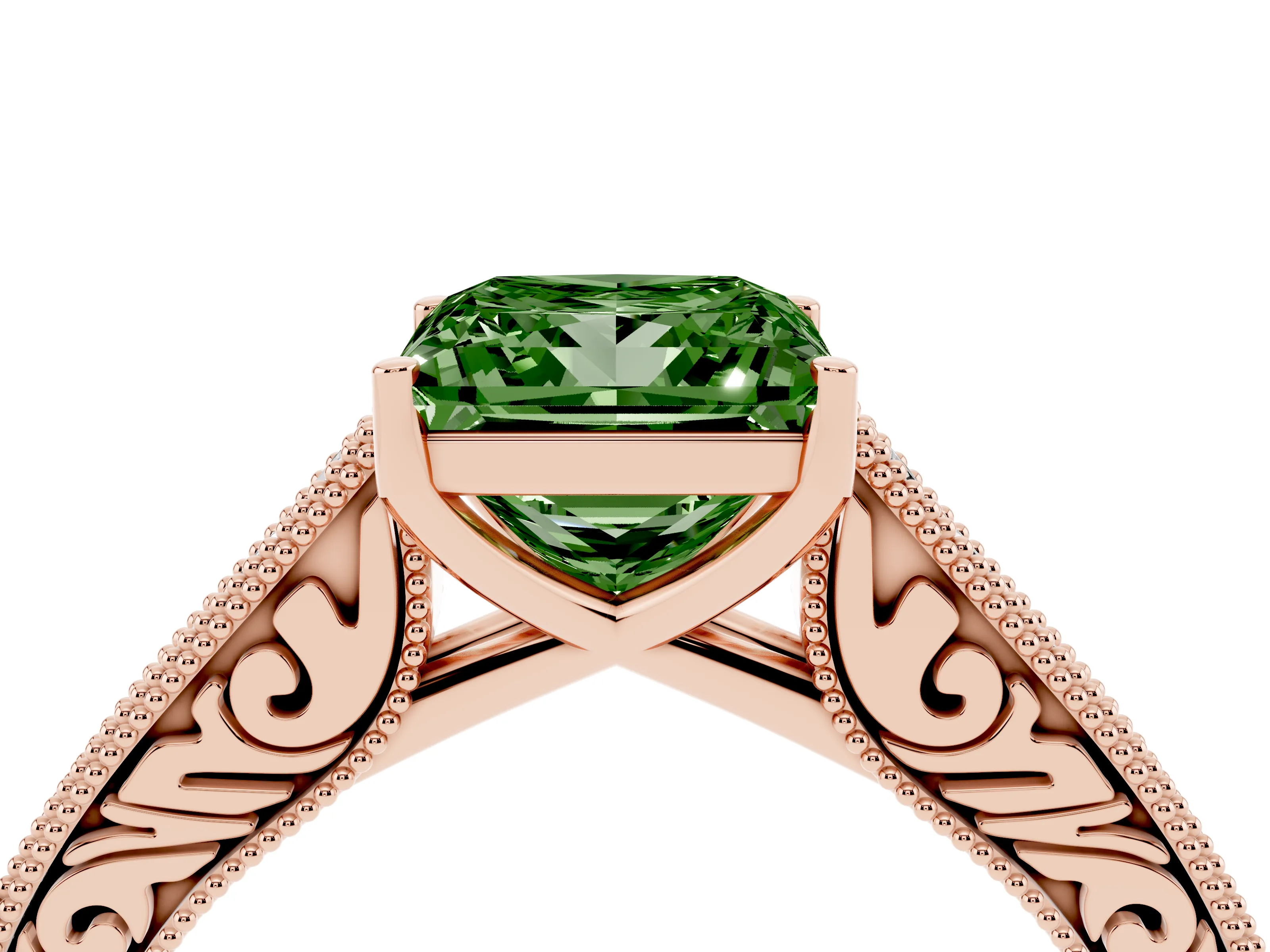 Fancy Green Princess Cut Diamond Milgrain Pavé Band Solitaire Ring Set in Rose gold with Prong Setting