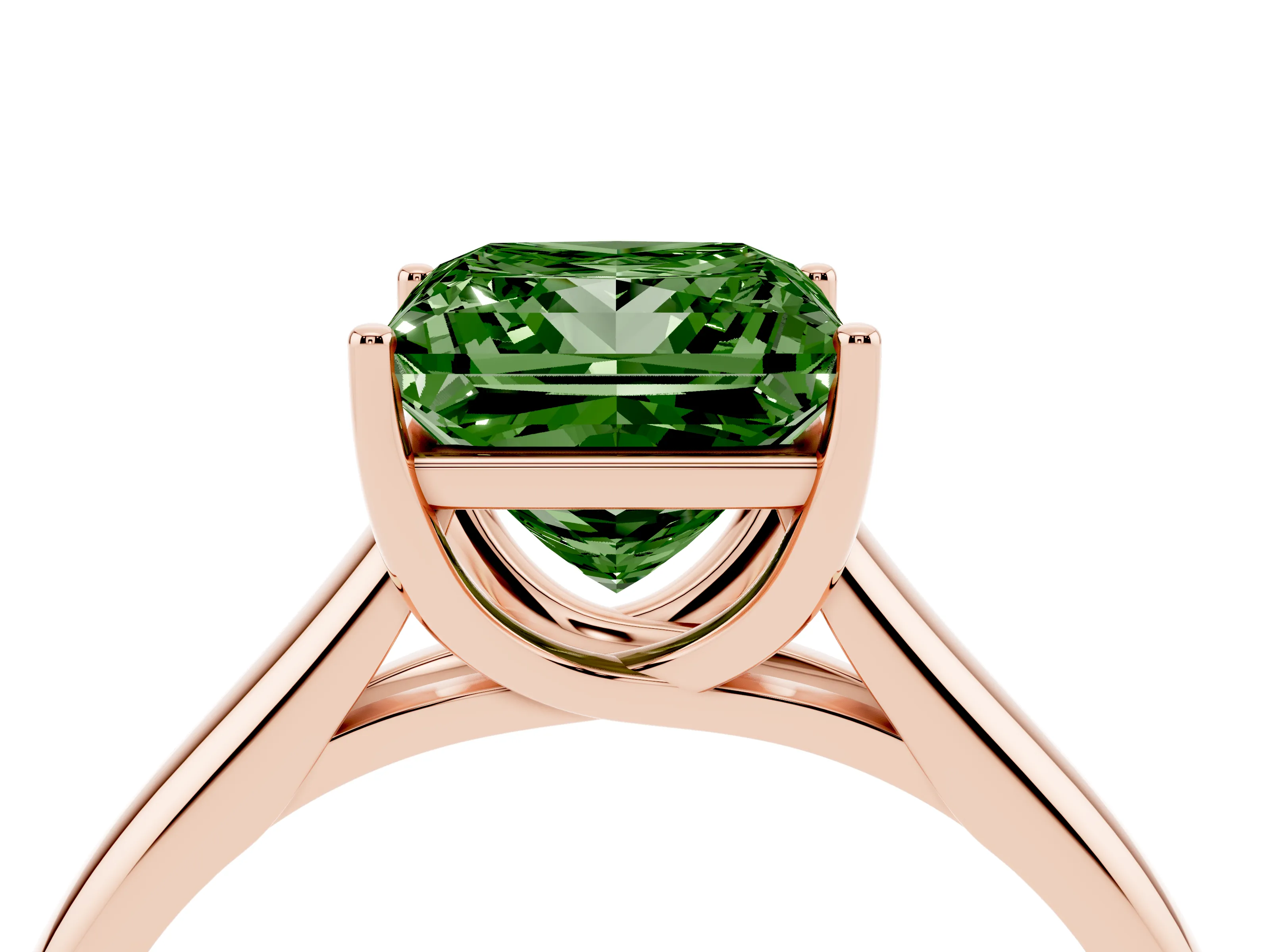 Fancy Green Princess Cut Diamond Solitaire Engagement Ring Set in Rose gold with Subtly Tapered Band and Prong Setting