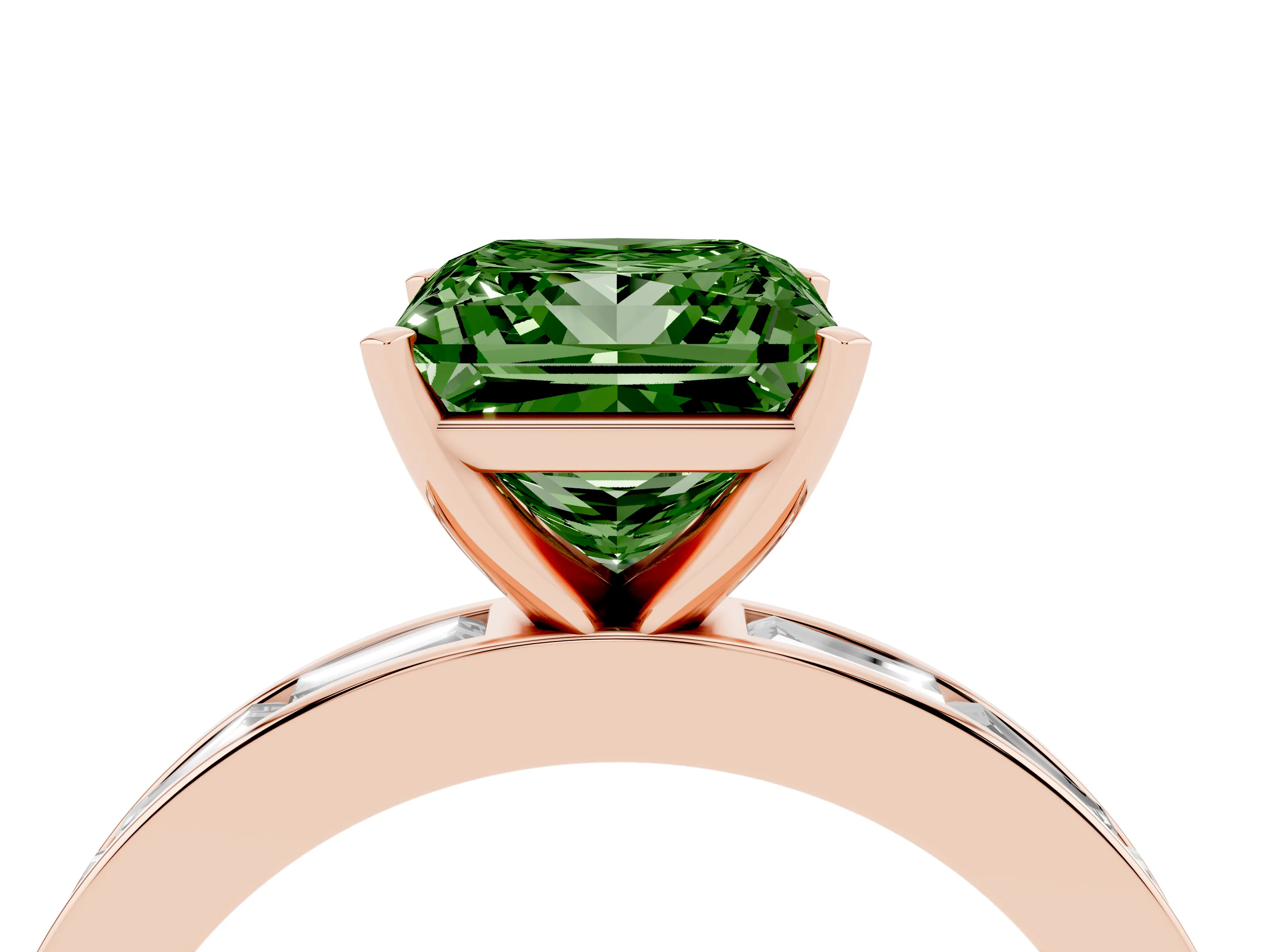Fancy Green Princess Cut Diamond Solitaire Ring Set in Rose gold with Channel-Set Baguette Band and Prong Setting
