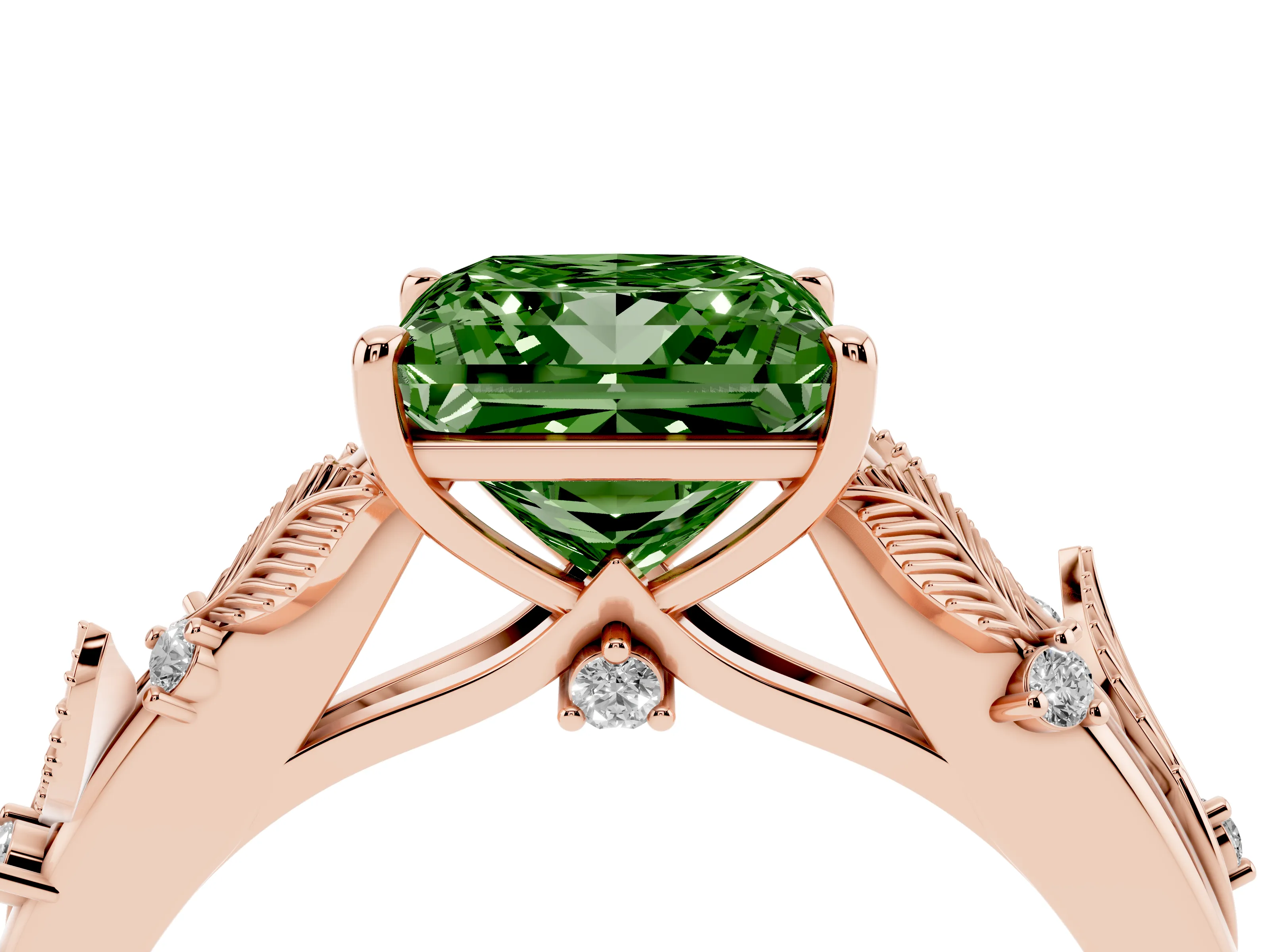 Fancy Green Princess Cut Diamond Solitaire Ring Set in Rose gold with Leaf Motif Band
