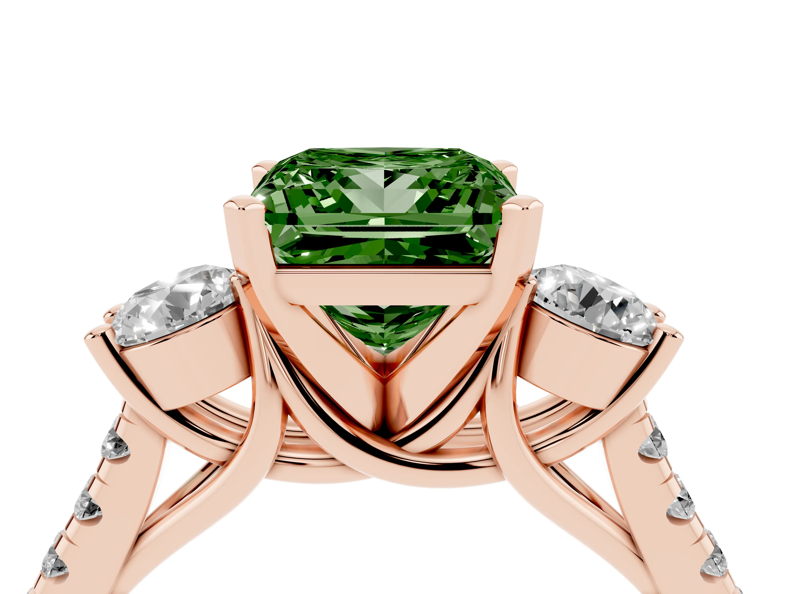 Fancy Green Three-Stone Princess Cut Diamond Pavé Band Ring Set in Rose gold with Prong-Set Trio