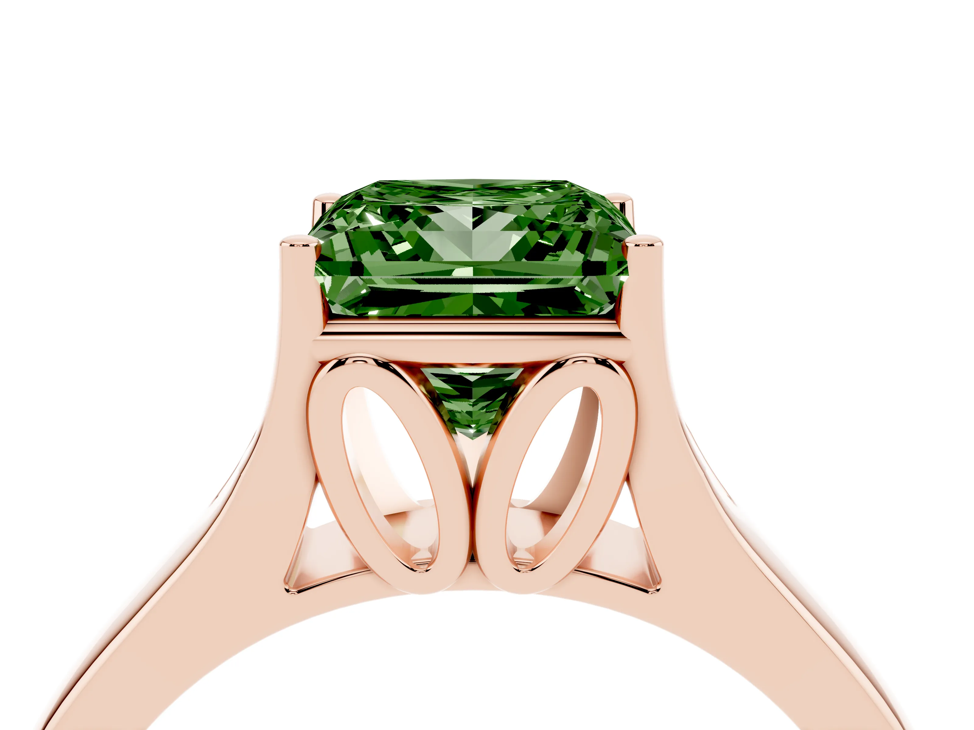 Fancy Green Princess Cut Diamond Solitaire Ring Set in Rose gold with Arched Cathedral Band and Prong Setting