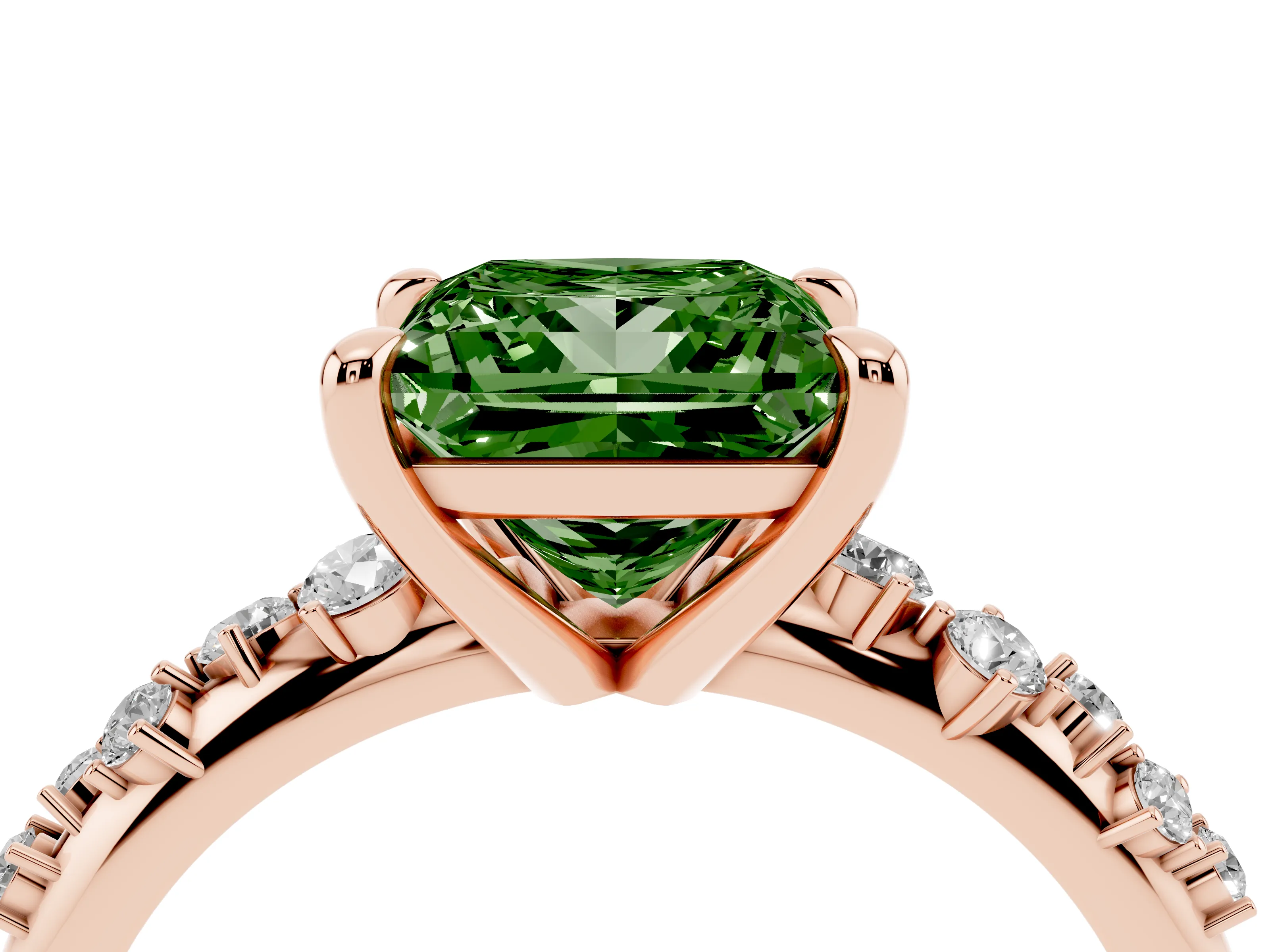 Fancy Green Princess Cut Diamond Solitaire Vine Band Ring Set in Rose gold with Round Accents and Prong Setting