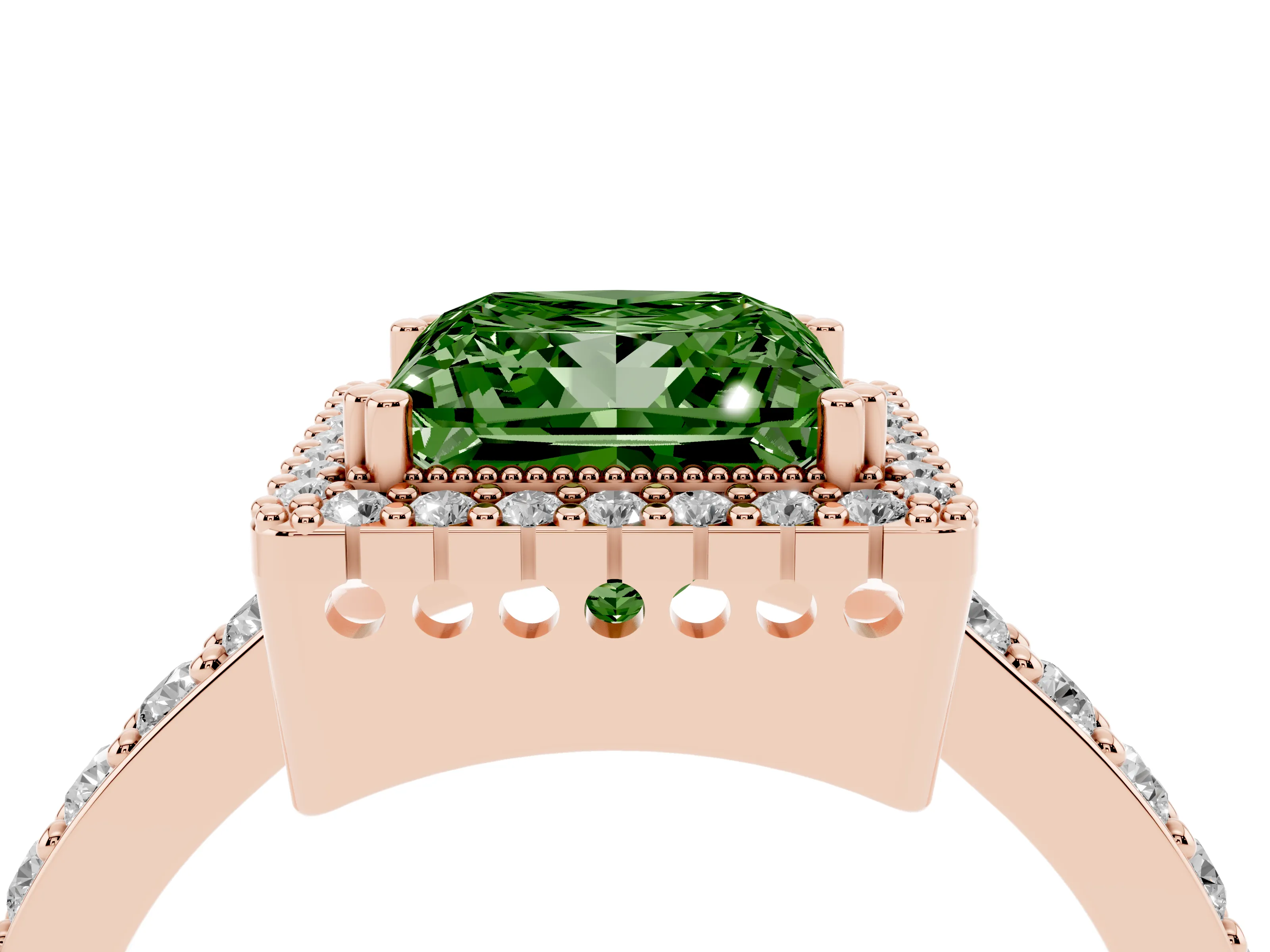 Fancy Green Princess Cut Diamond Halo Engagement Ring Set in Rose gold with Milgrain Detail and Pavé Band