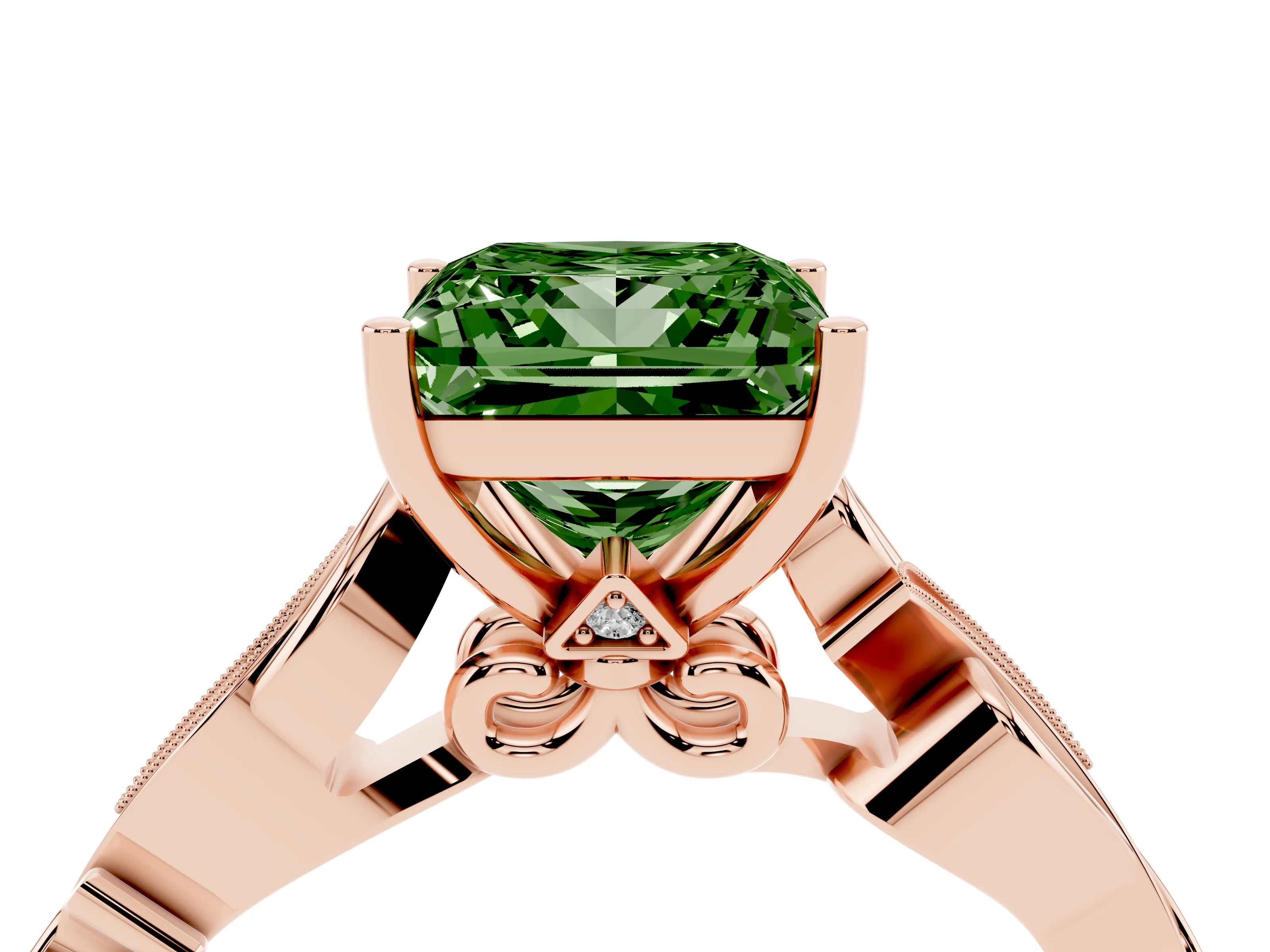 Fancy Green Princess Cut Diamond Vine Band Solitaire Ring Set in Rose gold with Milgrain Prong Setting