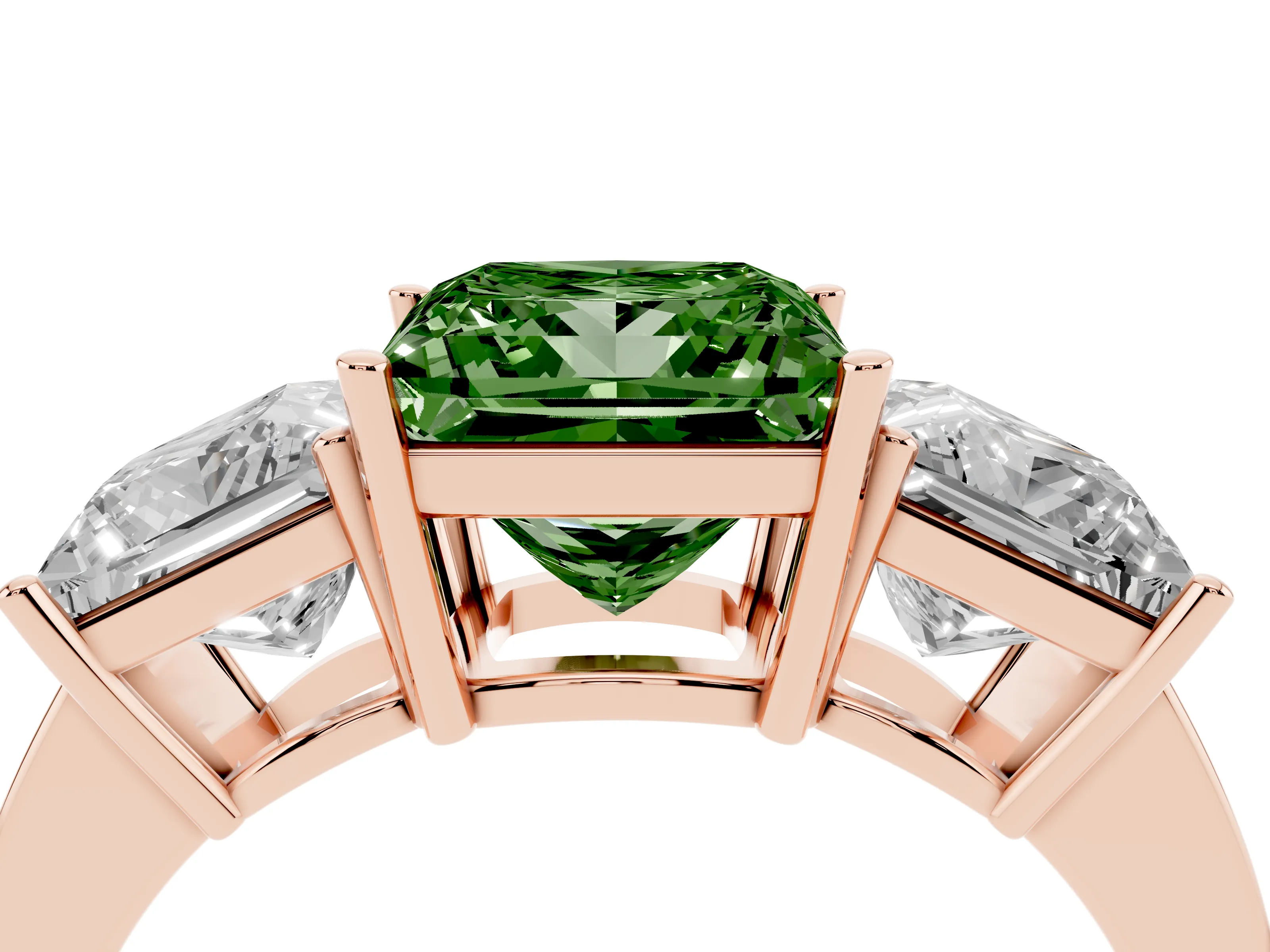 Fancy Green Princess Cut Diamond Three-Stone Engagement Ring Set in Rose gold with Flat Band