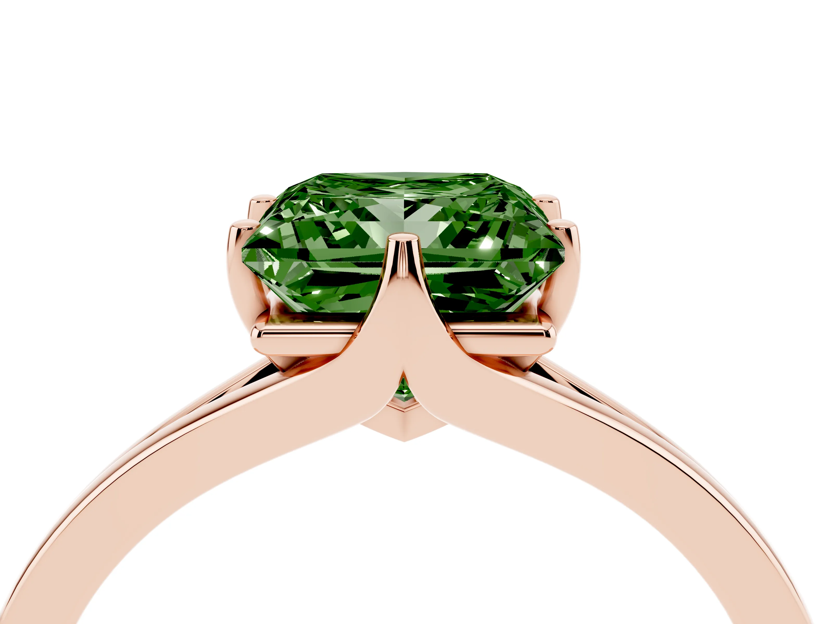 Fancy Green Princess Cut Diamond Solitaire Ring Set in Rose gold with Polished Tapered Band and Prong Setting
