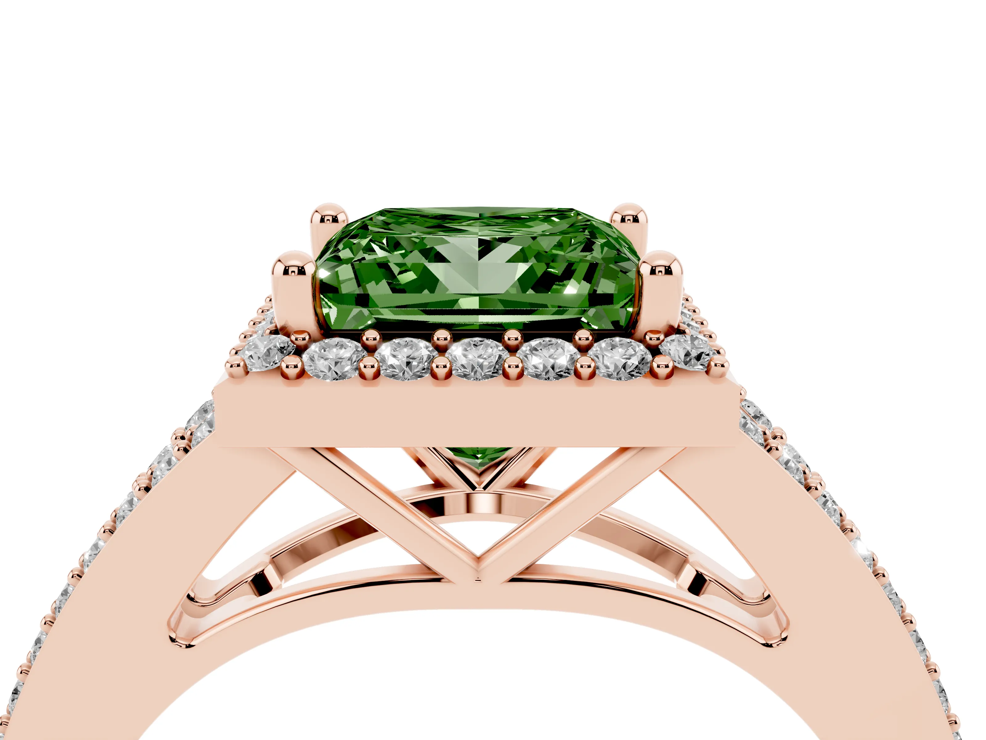 Fancy Green Princess Cut Diamond Halo Split Shank Pavé Ring Set in Rose gold with Prong Setting