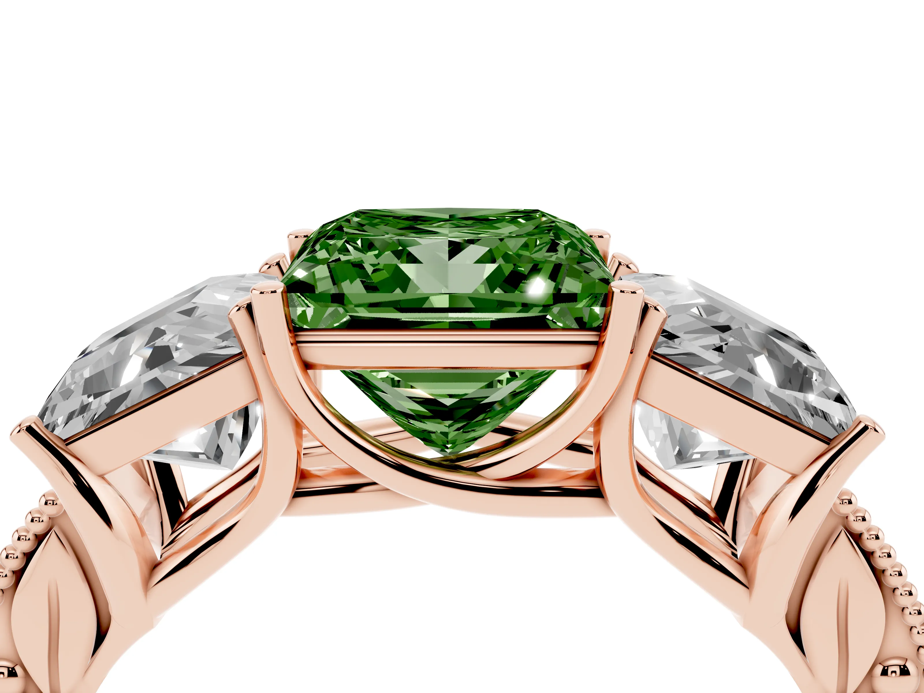 Fancy Green Princess Cut Diamond Three-Stone Engagement Ring Set in Rose gold with Milgrain Pavé Band