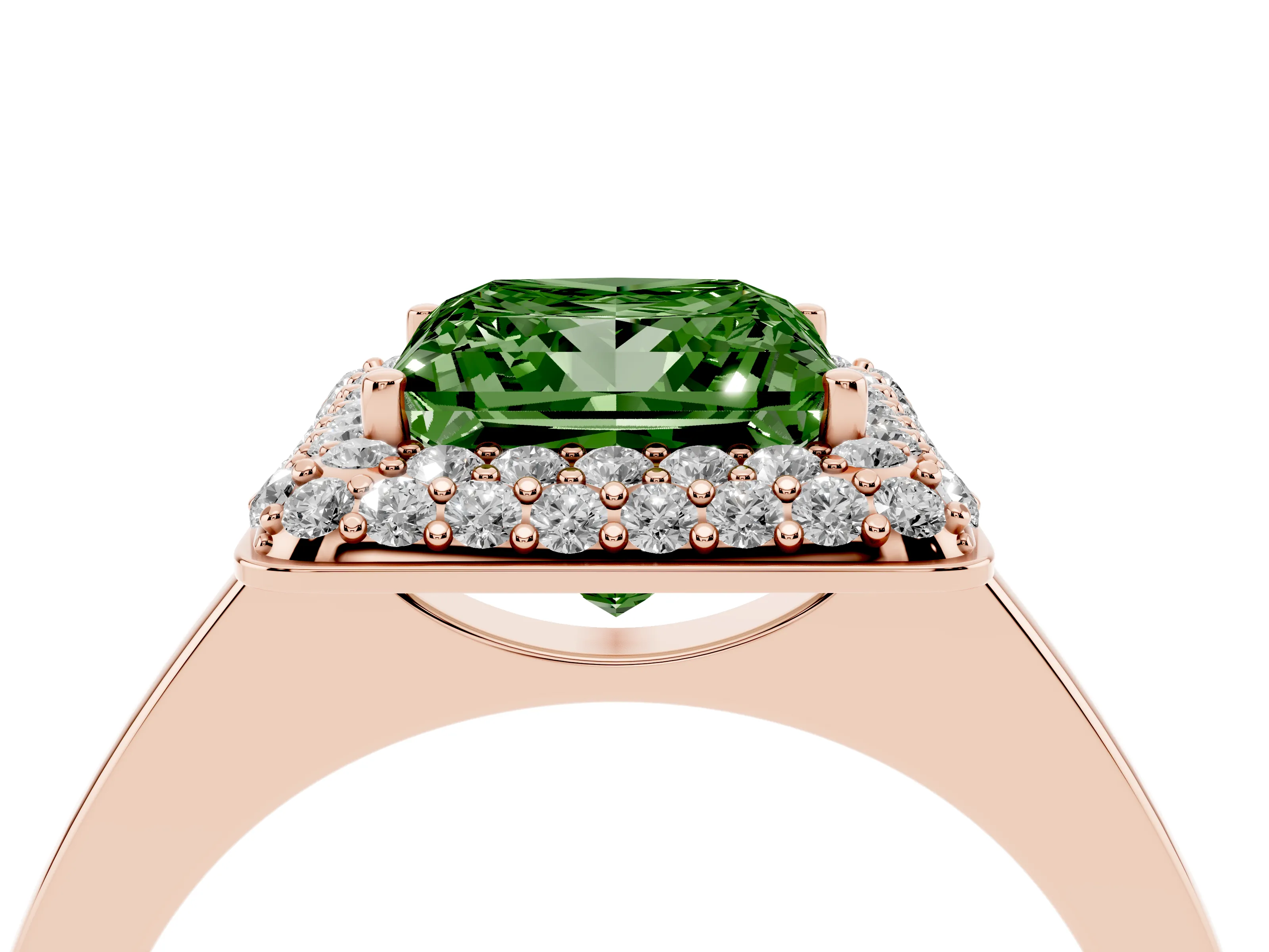 Fancy Green Princess Cut Diamond Halo Engagement Ring Set in Rose gold with Solitaire Band and Prong Setting