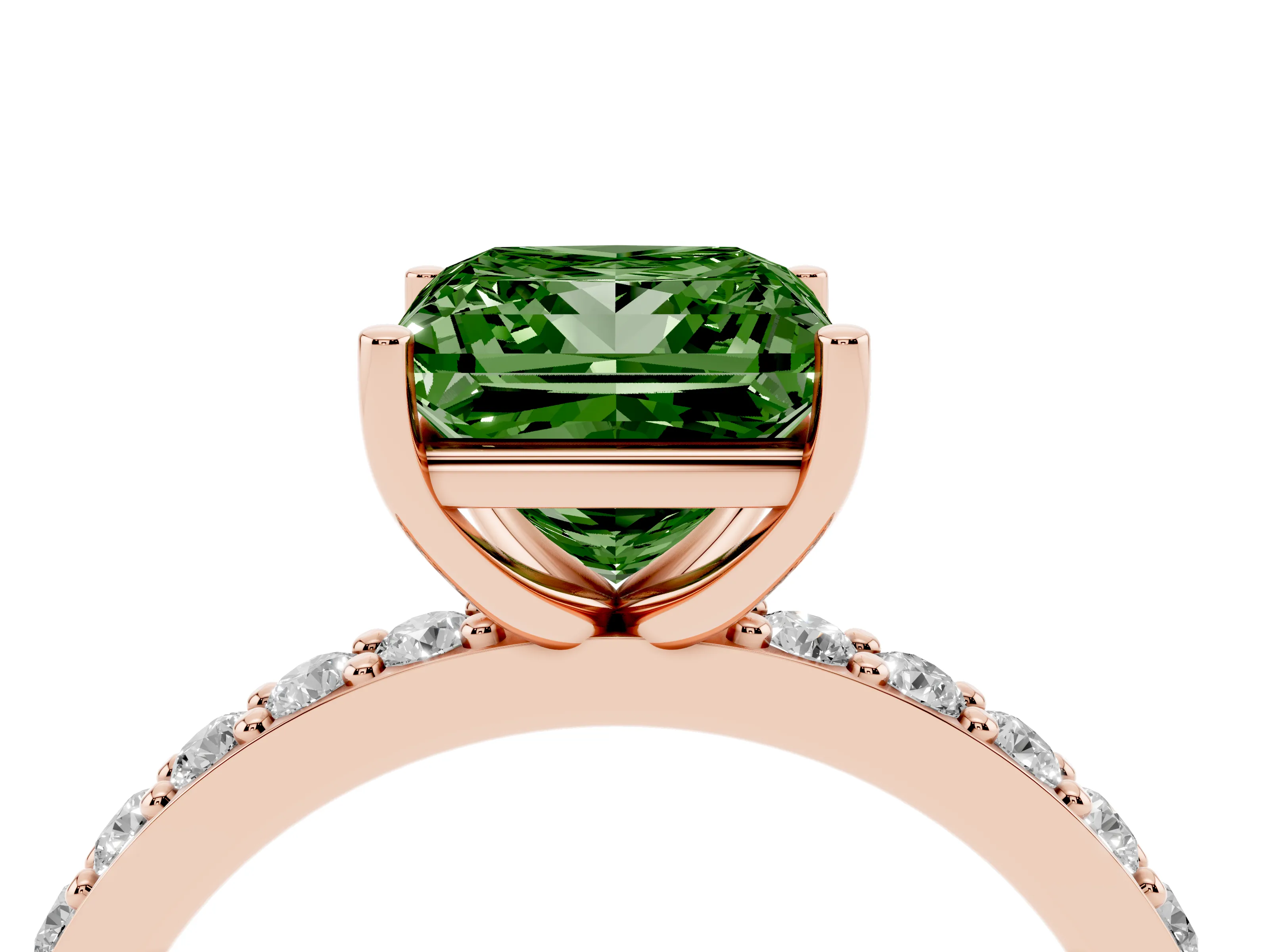 Fancy Green Princess Cut Diamond Solitaire Set in Rose gold with Round Pavé Band and Prong Setting