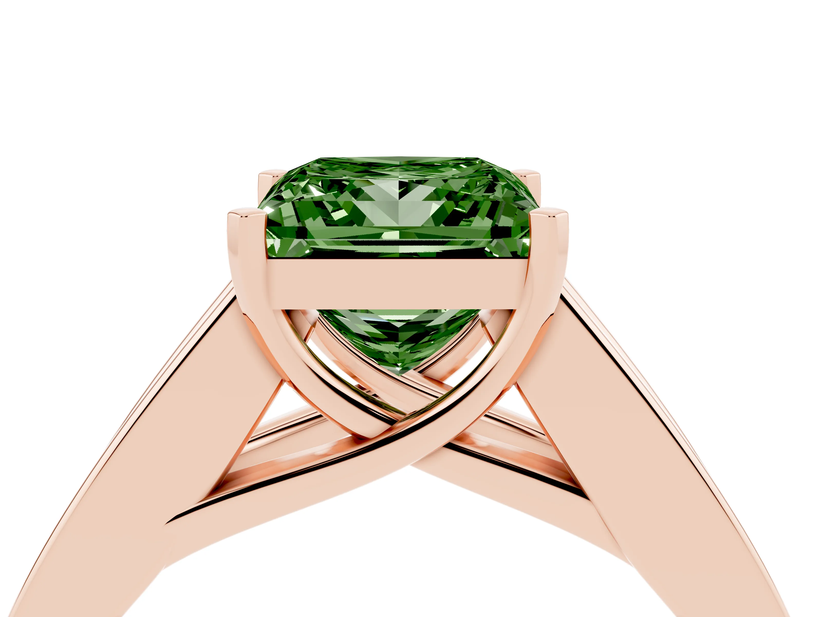 Fancy Green Princess Cut Diamond Solitaire Ring Set in Rose gold with Channel-Set Accent Stones and Prong Setting