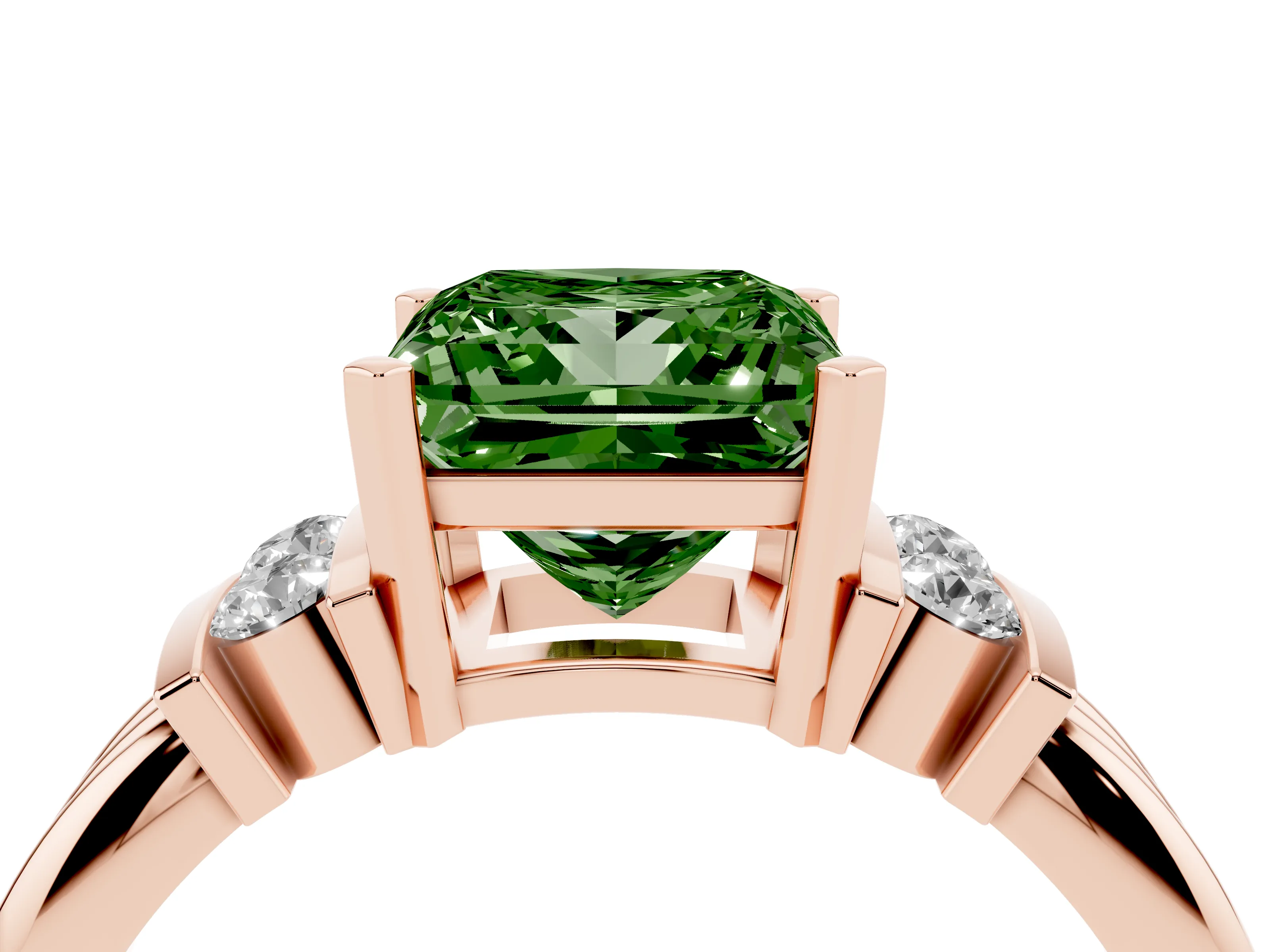 Fancy Green Three-Stone Princess Cut Diamond Channel Set Ring Set in Rose gold with Bar Prongs