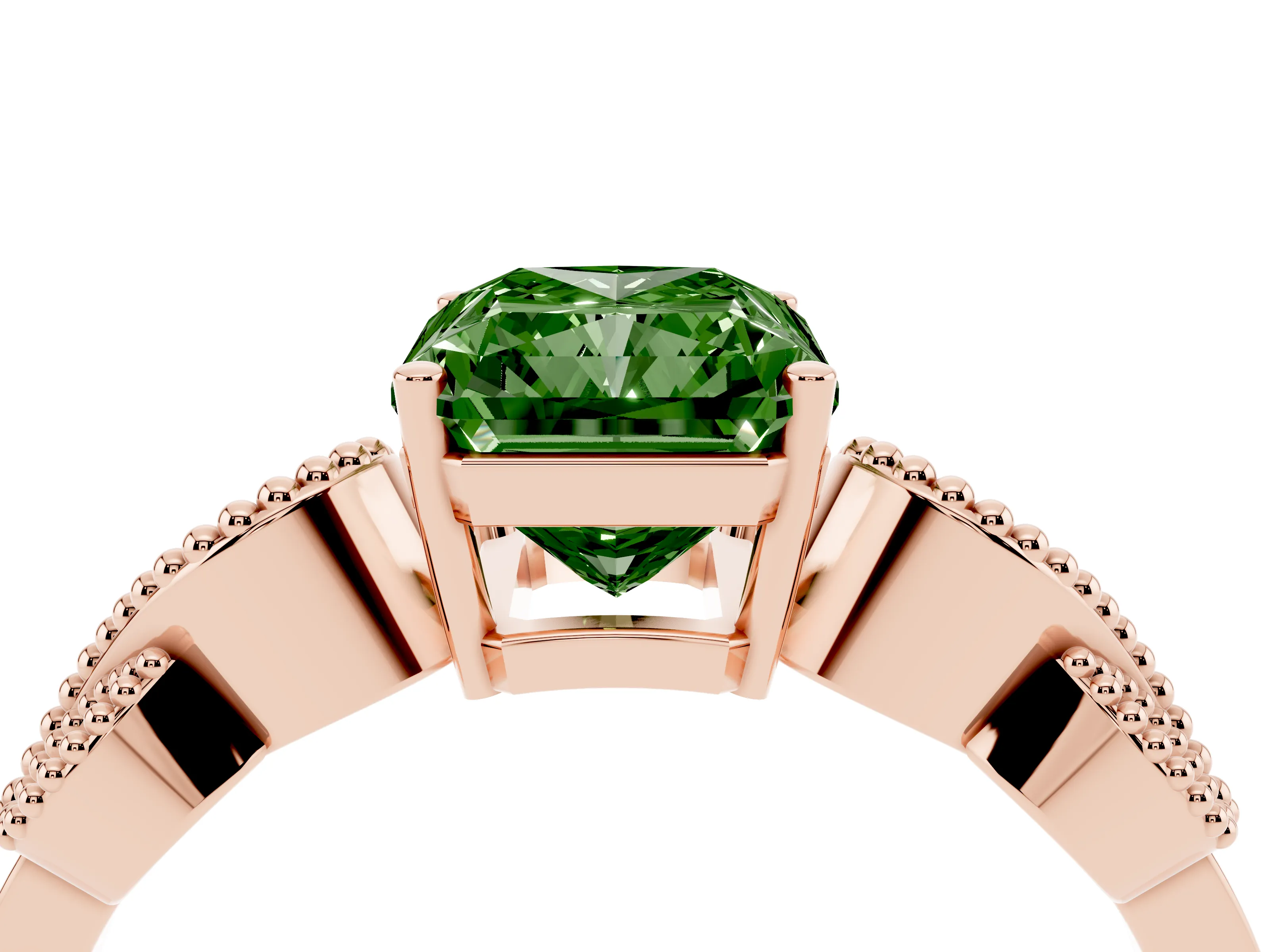 Fancy Green Princess Cut Diamond Milgrain Leaf Band Solitaire Ring Set in Rose gold with Accent Stones and Prong Setting