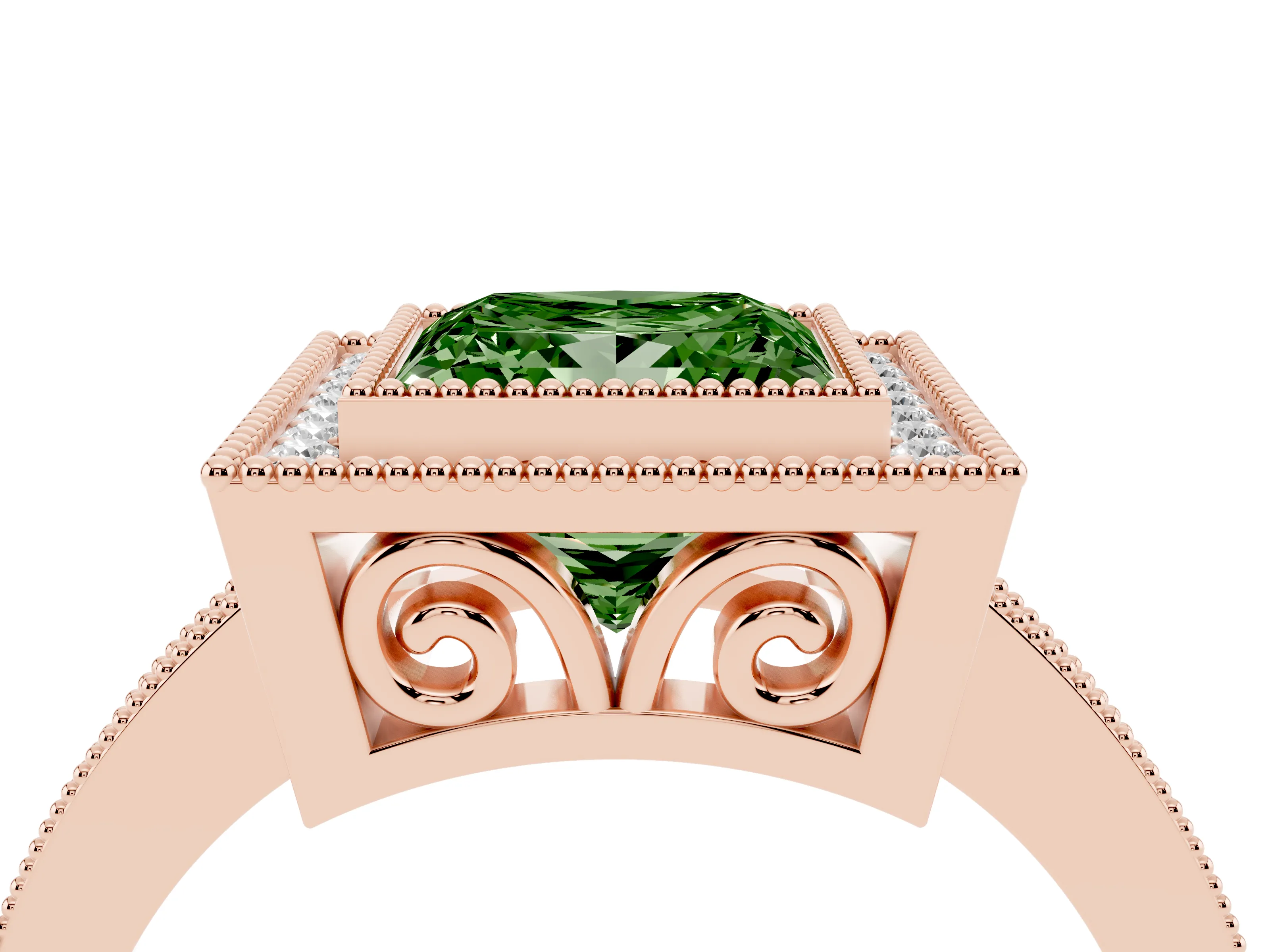 Fancy Green Princess Cut Diamond Halo Ring Set in Rose gold with Pavé Band and Milgrain-Edged Prongs