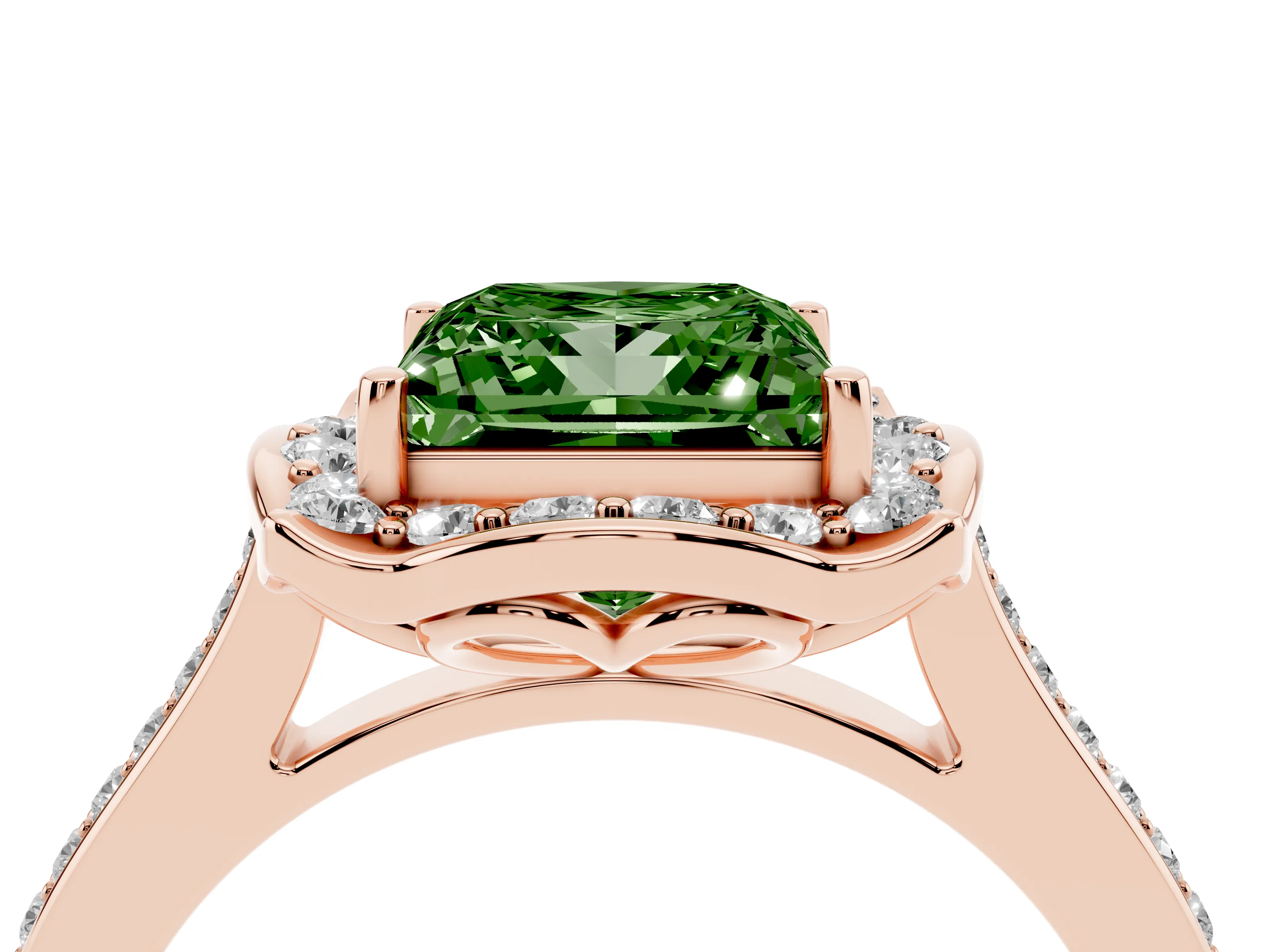 Fancy Green Princess Cut Diamond Halo Ring Set in Rose gold with Pavé-Lined Shoulders and Prong Setting
