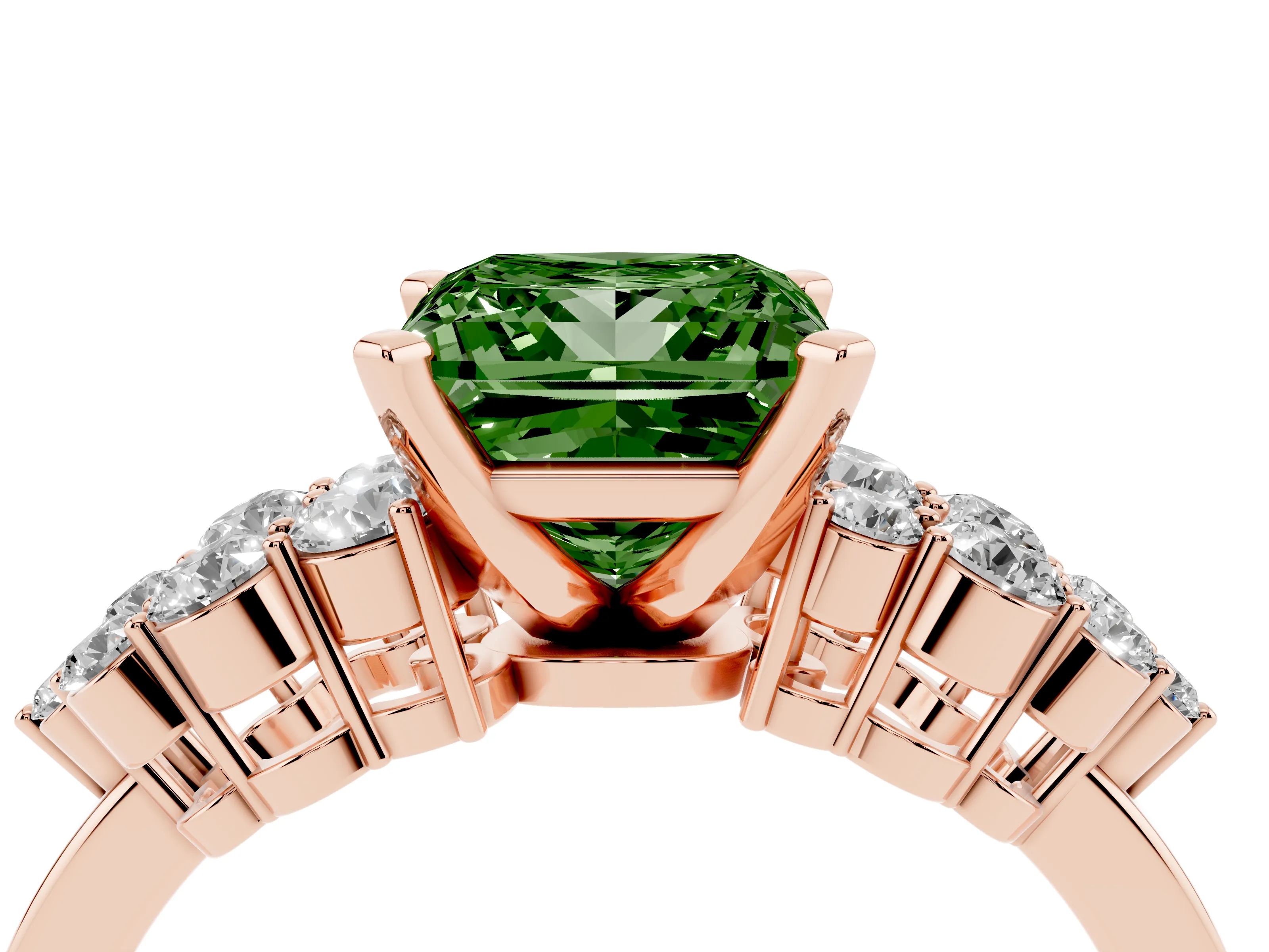Fancy Green Princess Cut Diamond Cluster Engagement Ring Set in Rose gold with Pavé Band and Prong Setting