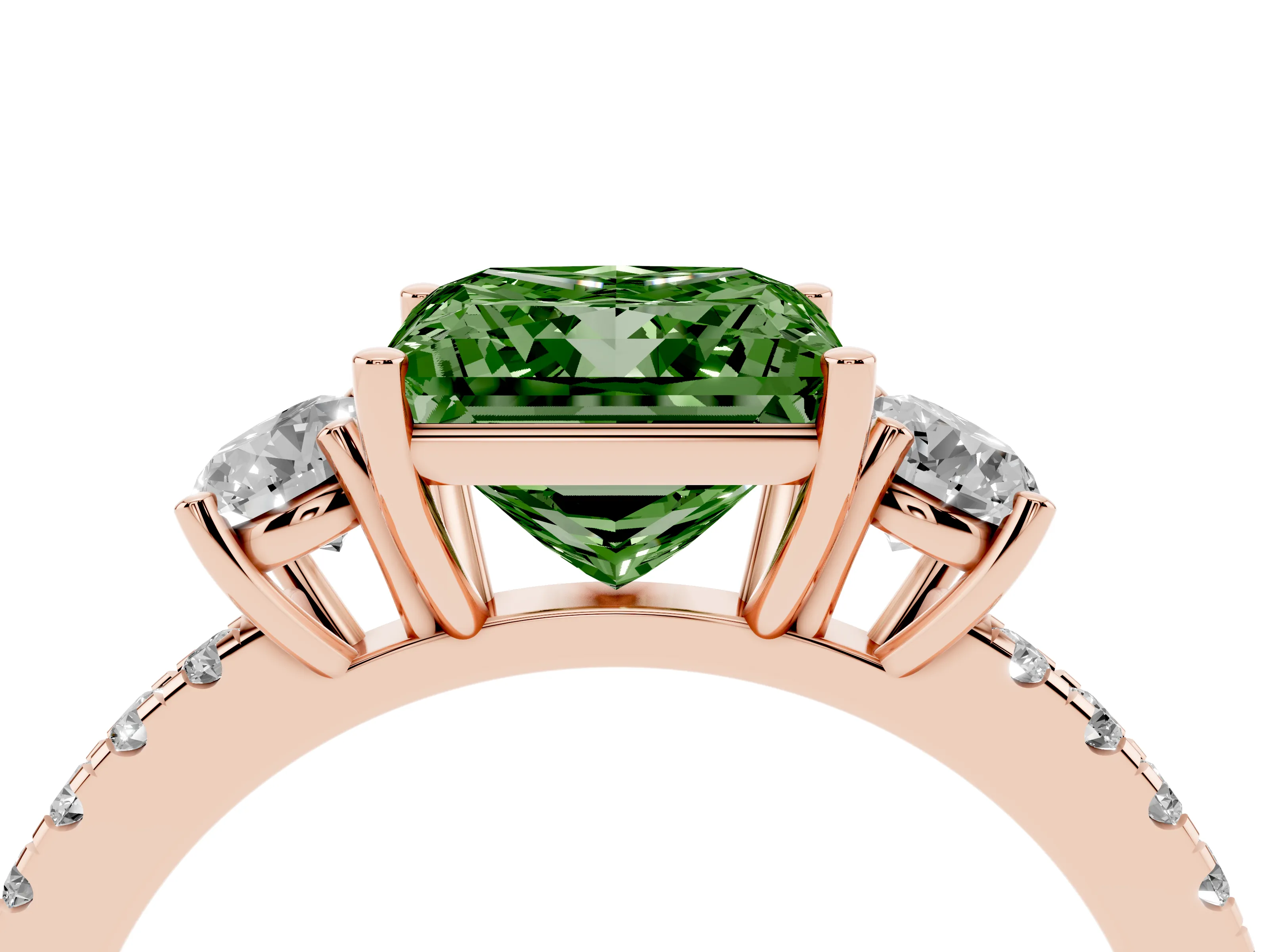 Fancy Green Princess Cut Diamond Three-Stone Ring Set in Rose gold with Pavé Band and Graduated Sides