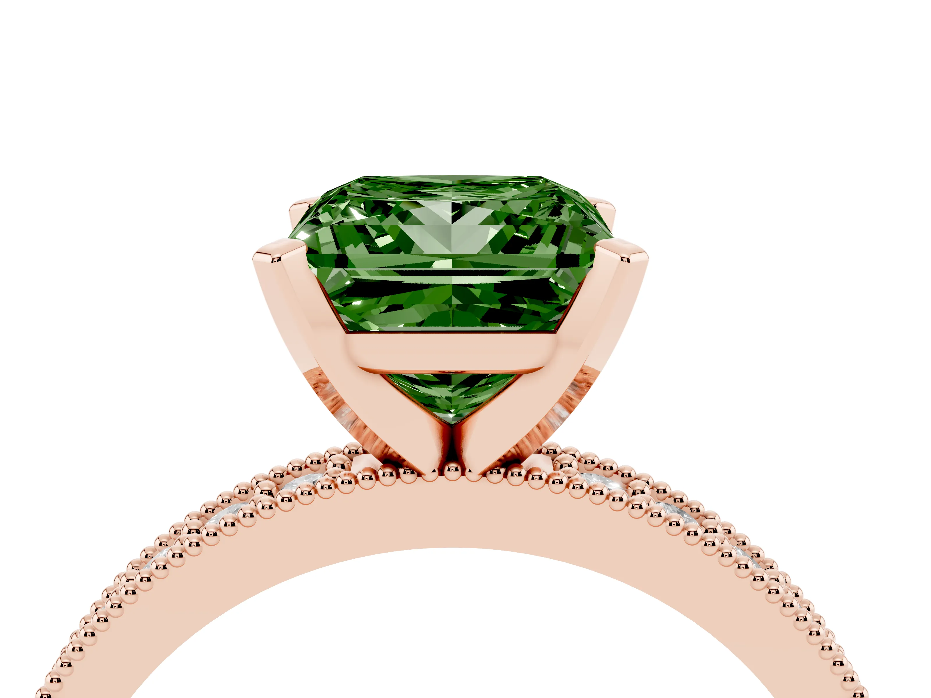 Fancy Green Princess Cut Diamond Milgrain Pavé Engagement Ring Set in Rose gold with Prong Setting