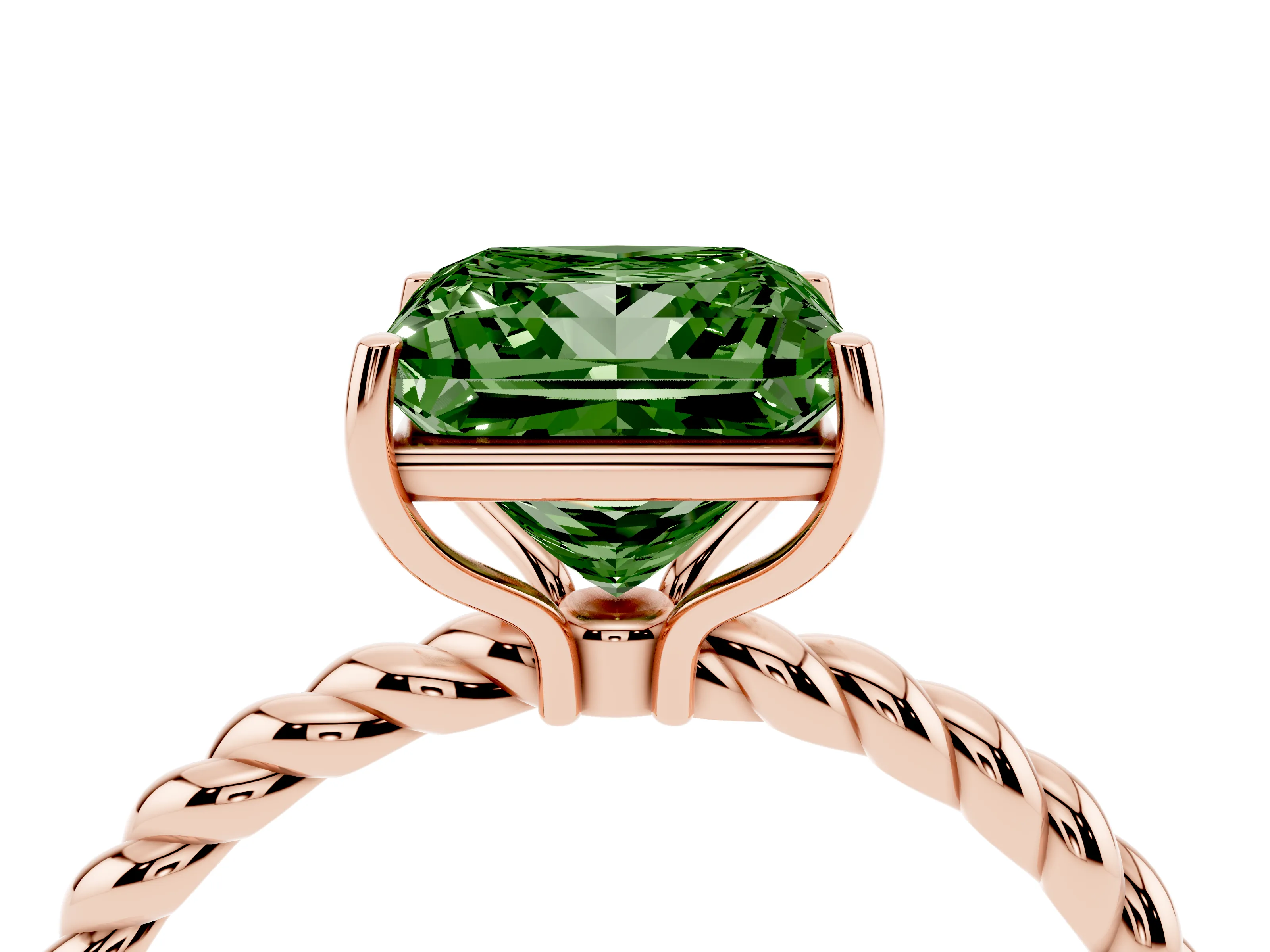 Fancy Green Princess Cut Diamond Solitaire Ring Set in Rose gold with Twist Band and Prong Setting
