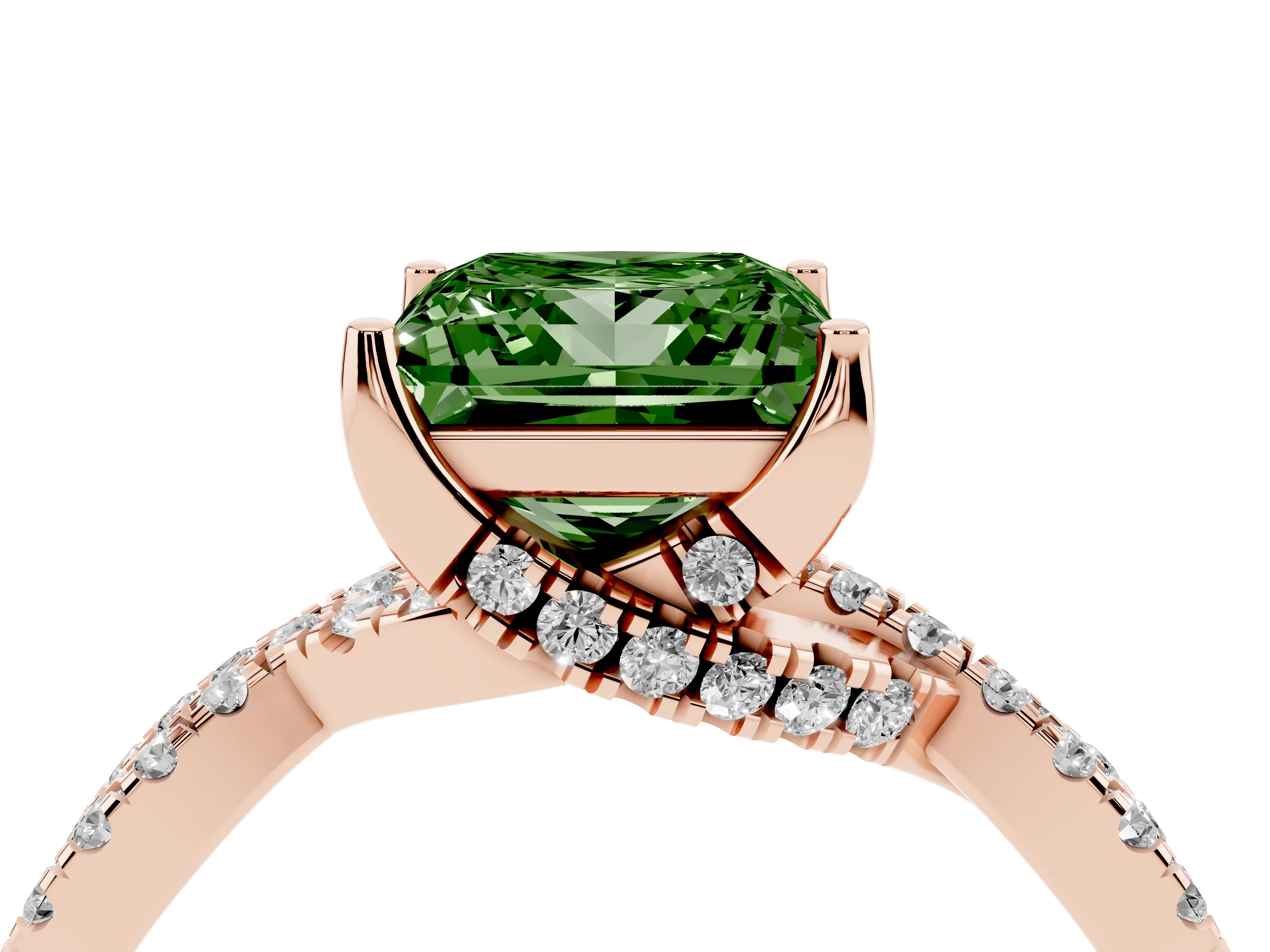 Fancy Green Princess Cut Diamond Twist Pavé Solitaire Engagement Ring Set in Rose gold with Prong Setting