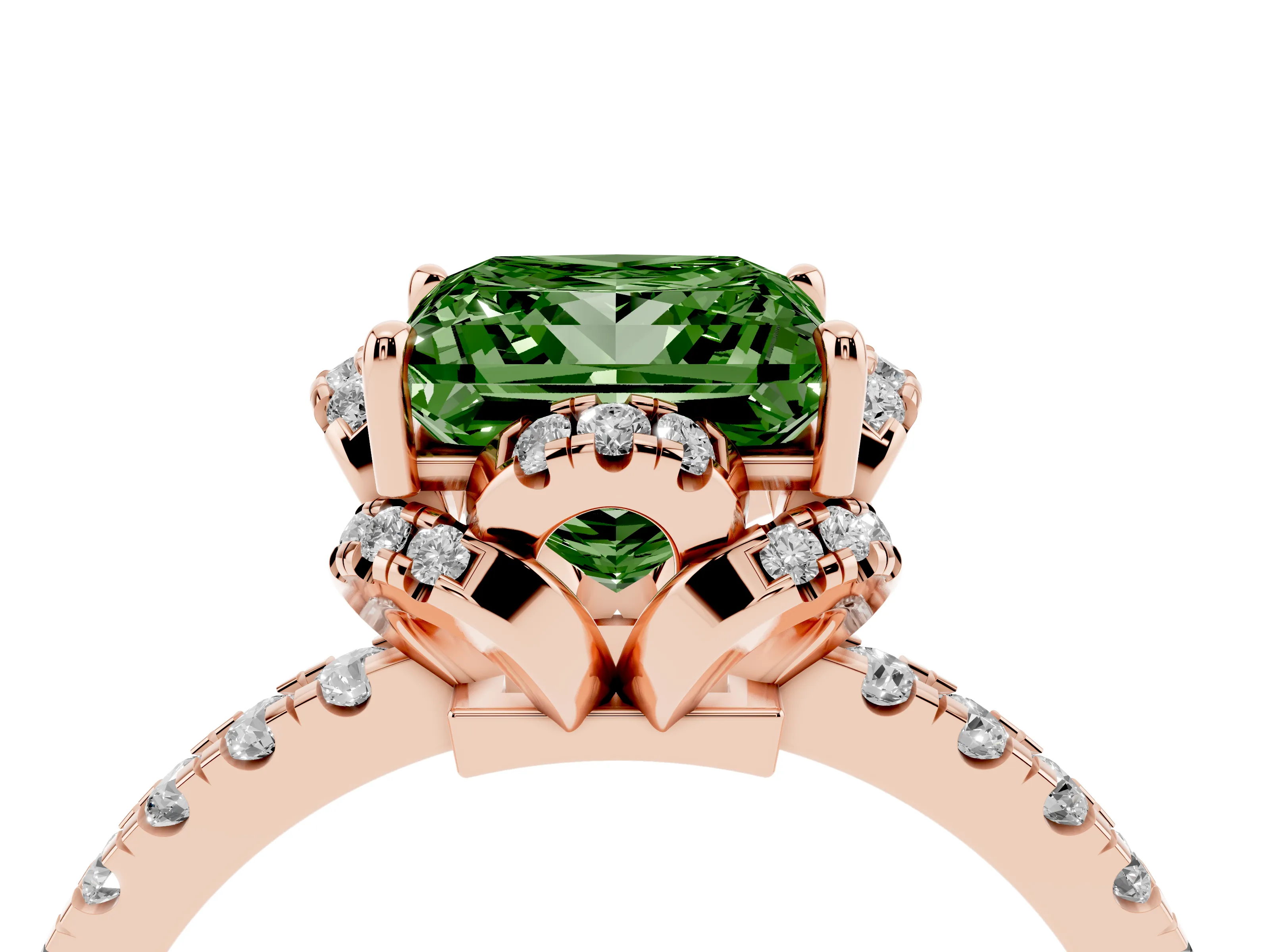 Fancy Green Princess Cut Diamond Halo Pavé Band Ring Set in Rose gold with Prong-Held Center