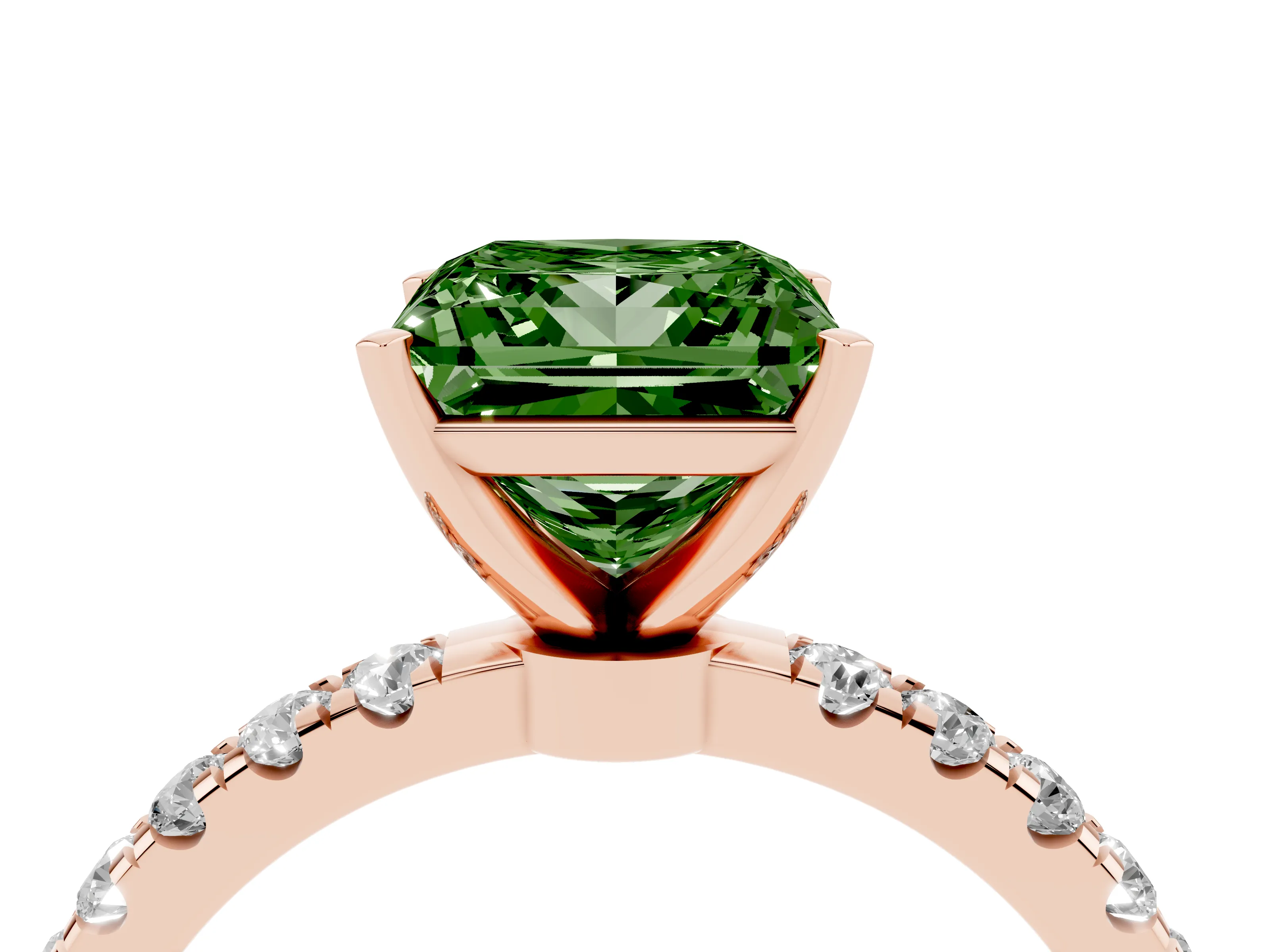 Fancy Green Princess Cut Diamond Solitaire Ring Set in Rose gold with Pavé Accents and Prong Setting