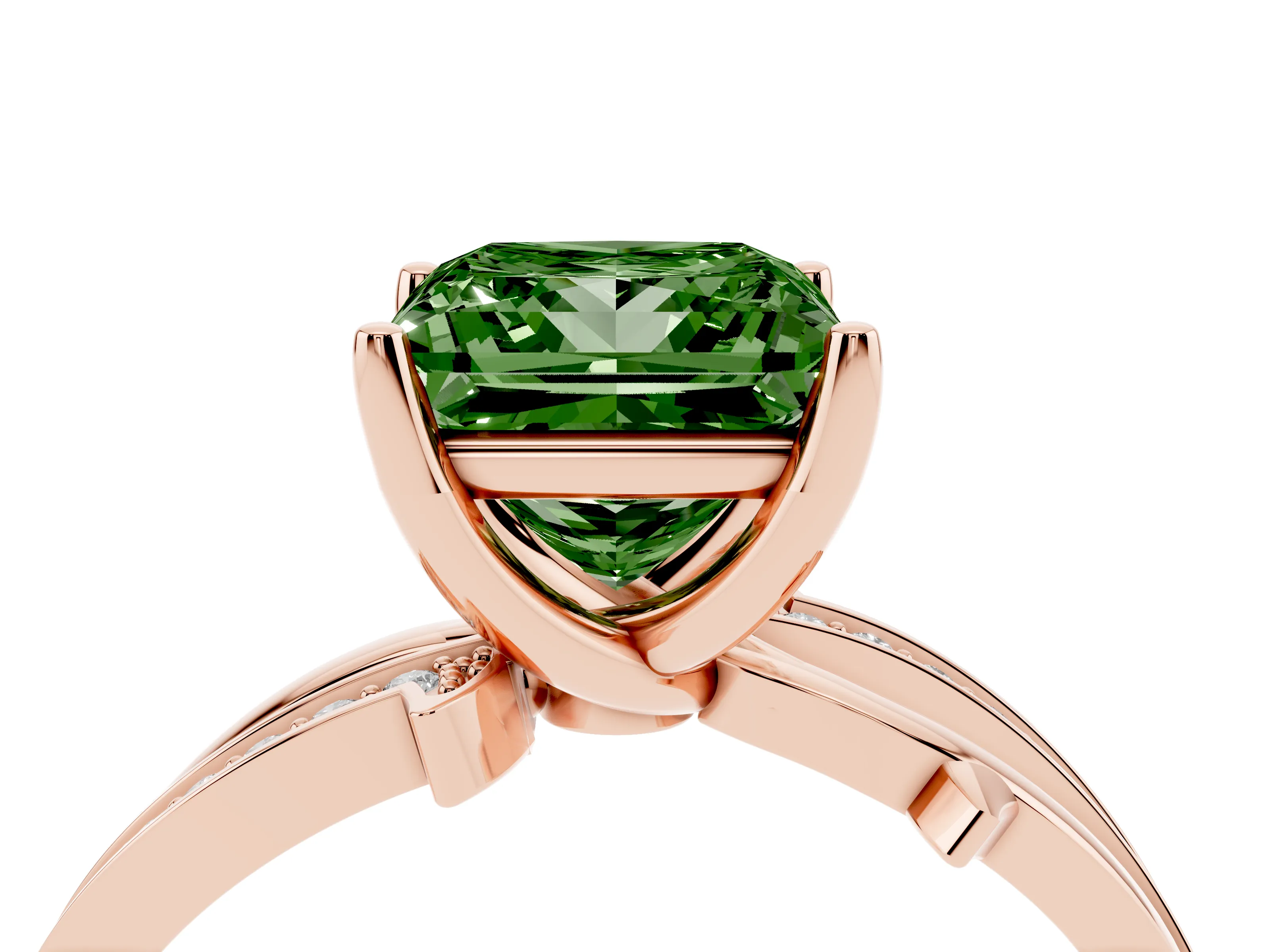 Fancy Green Princess Cut Diamond Pavé Twist Band Solitaire Ring Set in Rose gold with Prong Setting