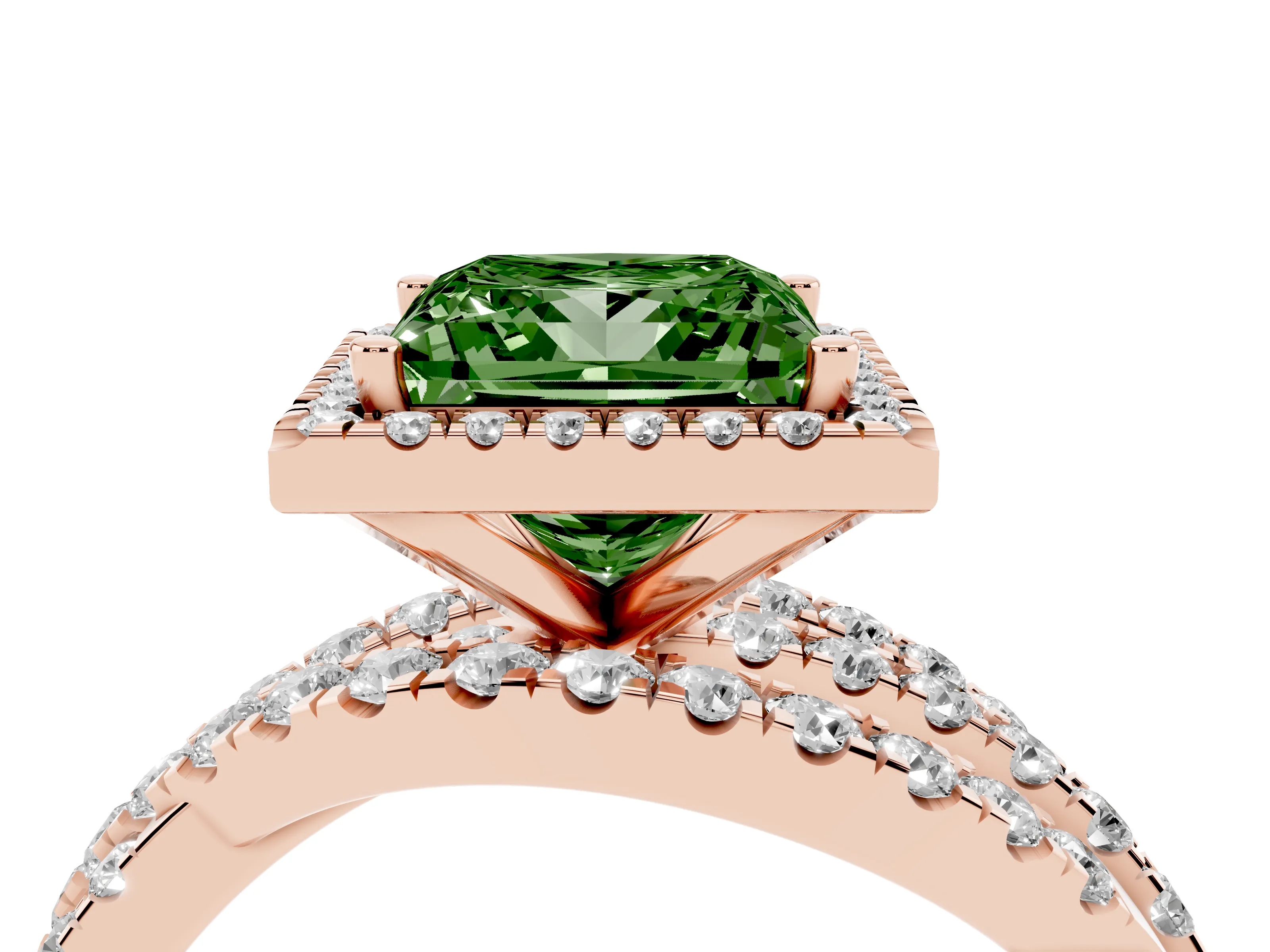 Fancy Green Princess Cut Diamond Halo Ring Set in Rose gold with Round Crossover Split Shank and Prong Setting
