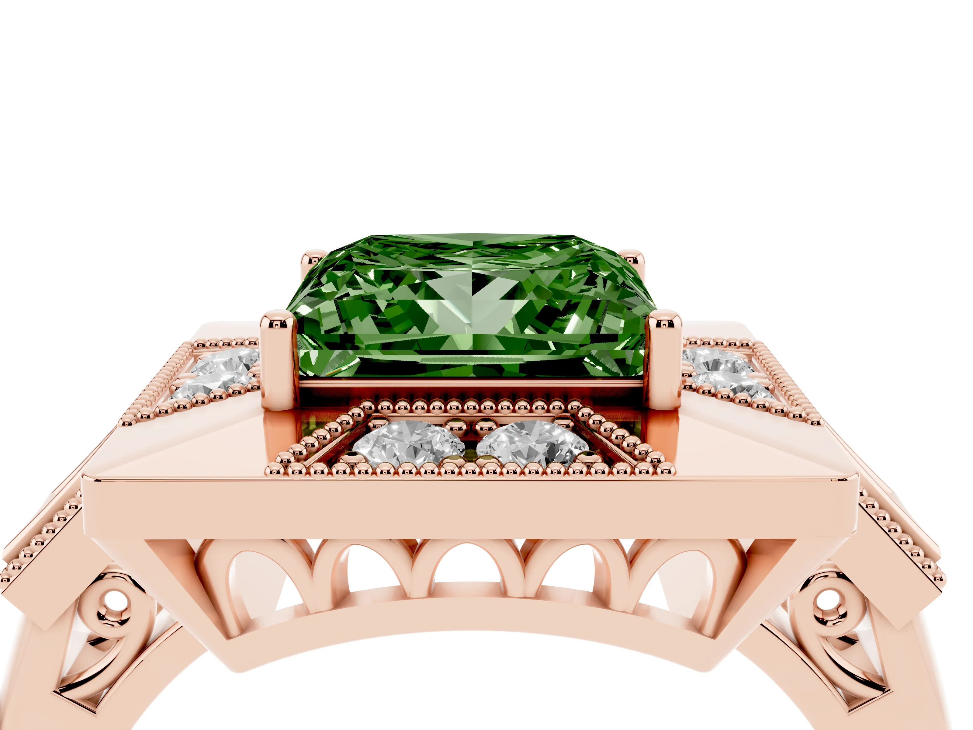 Fancy Green Princess Cut Diamond Milgrain Halo Ring Set in Rose gold with Split Shank