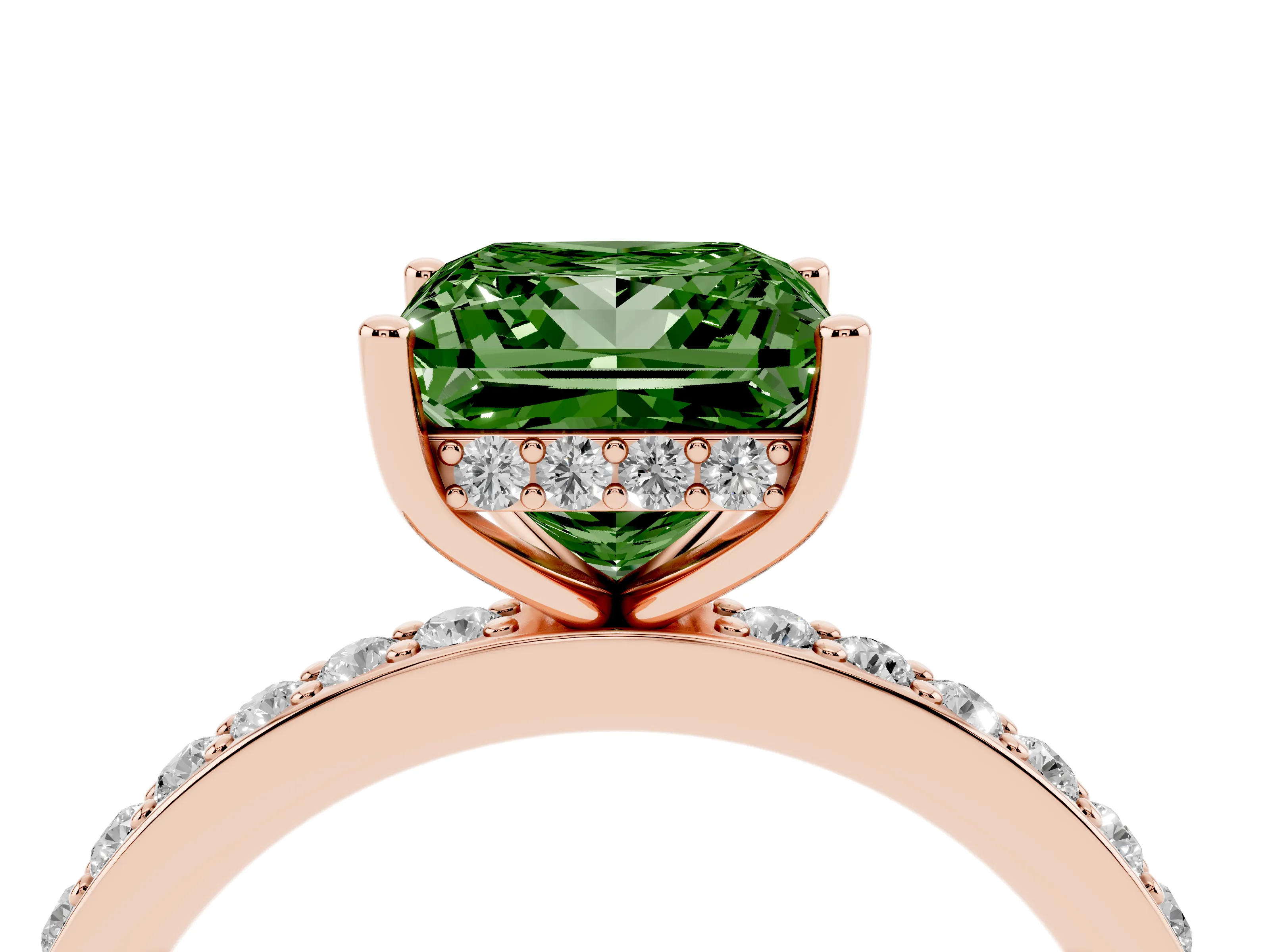 Fancy Green Princess Cut Diamond Pavé Band Ring Set in Rose gold with Prong-Set Center Stone