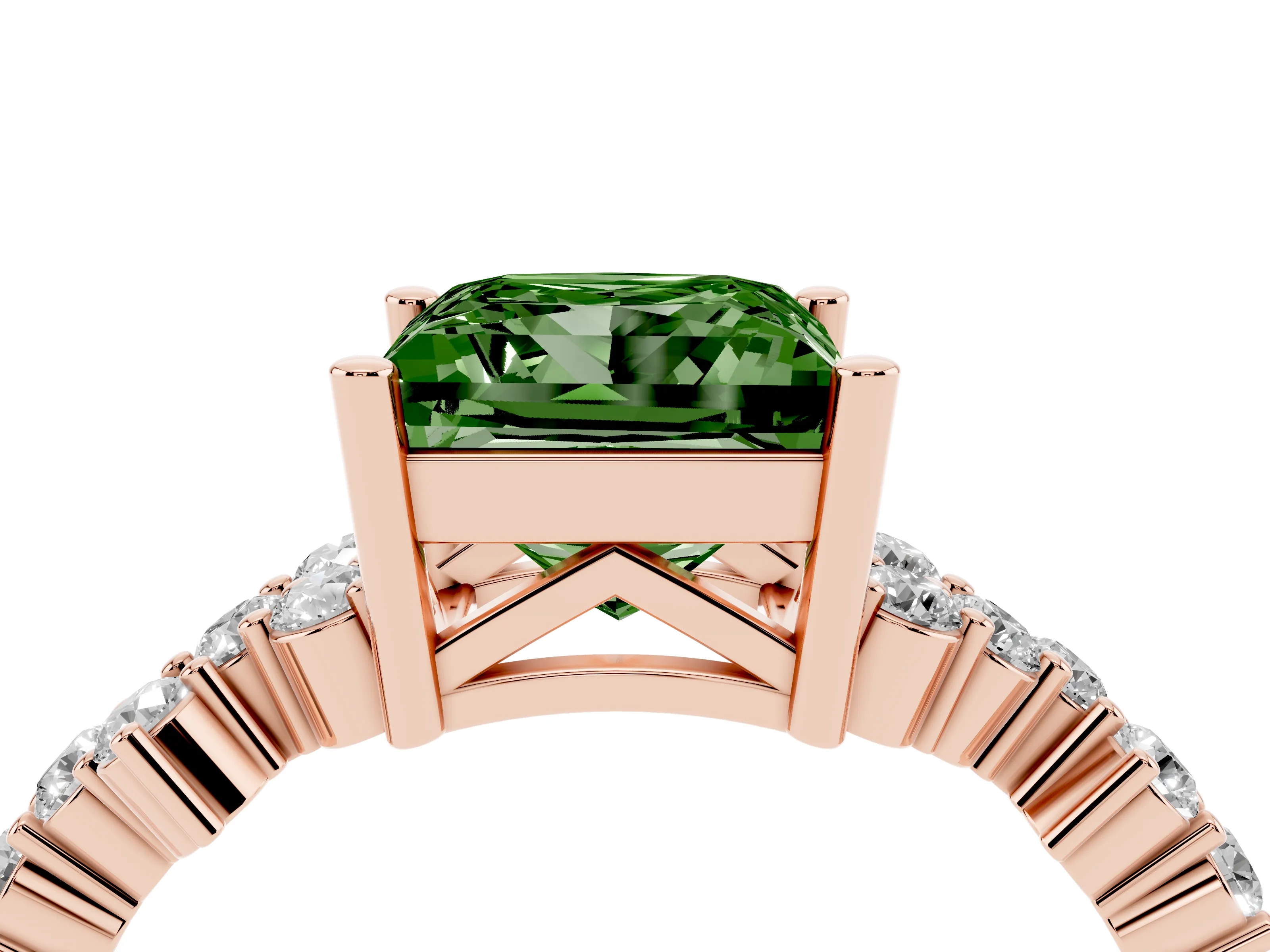 Fancy Green Princess Cut Diamond Ring Set in Rose gold with Scattered Round Accents