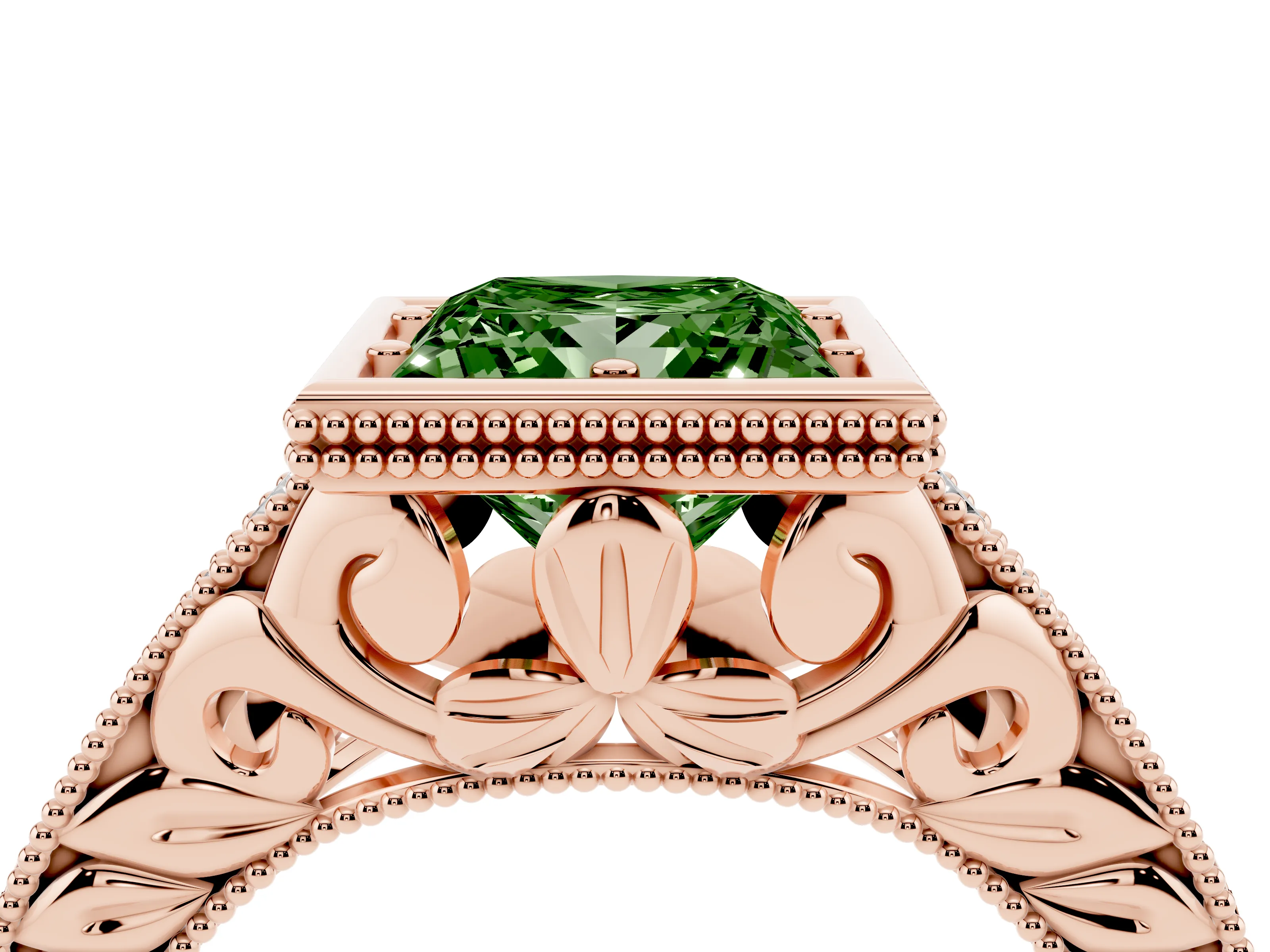 Fancy Green Bezel Set Princess Cut Diamond Milgrain Pavé Engagement Ring Set in Rose gold