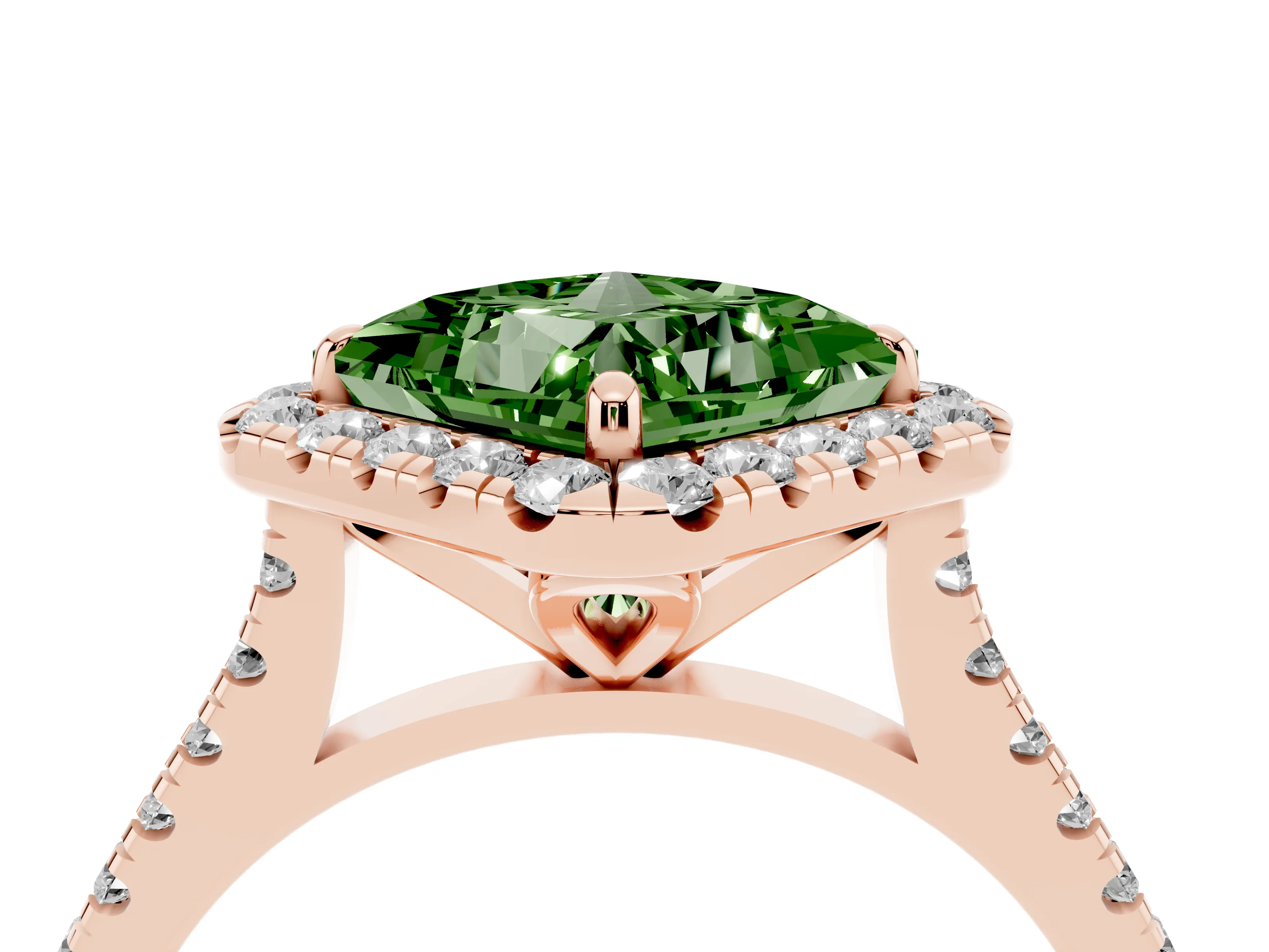 Fancy Green Princess Cut Diamond Cushion Halo Ring Set in Rose gold with Pavé Band