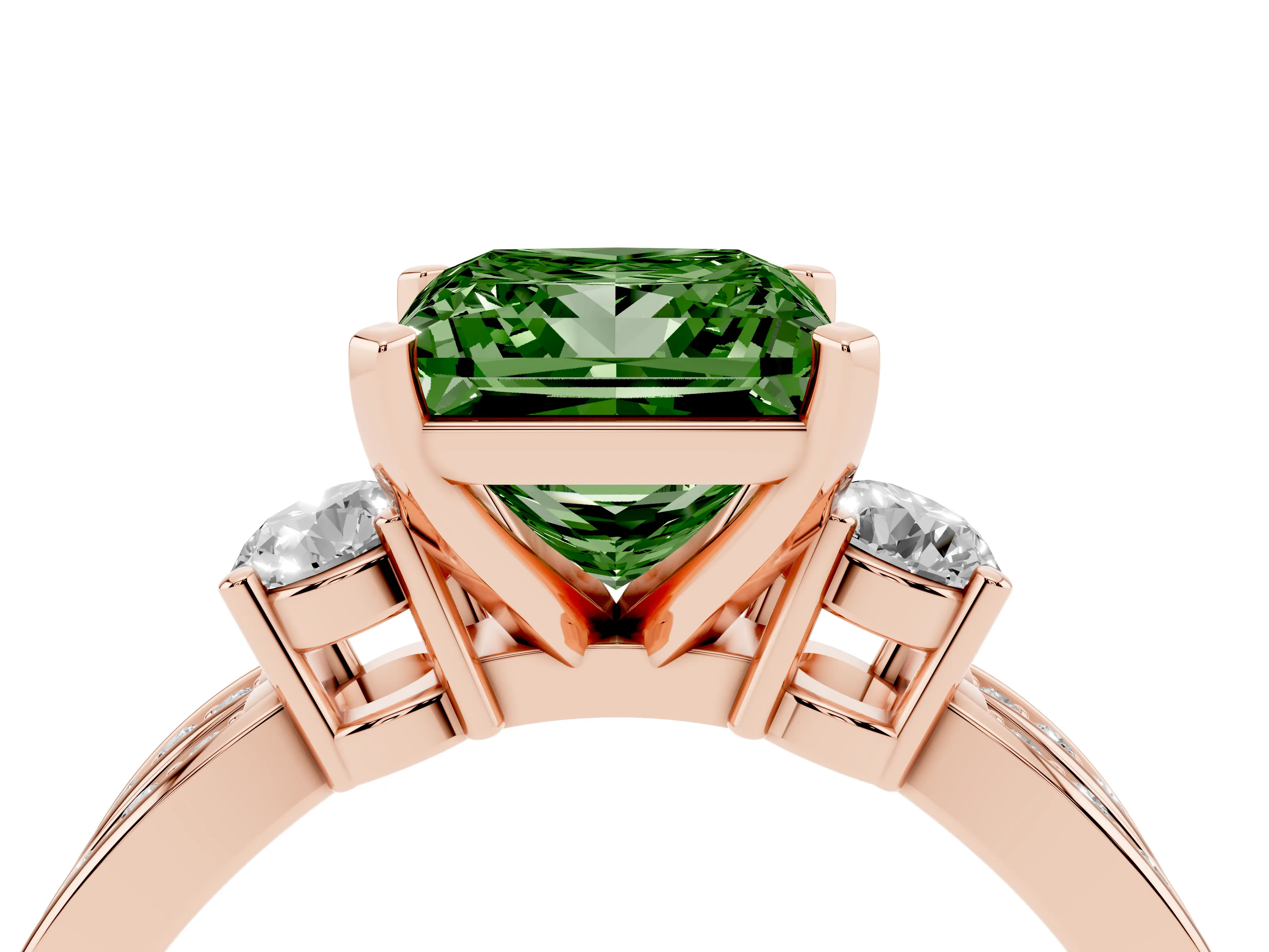 Fancy Green Three-Stone Princess Cut Diamond Twist Band Ring Set in Rose gold with Pavé Accents and Prong Setting