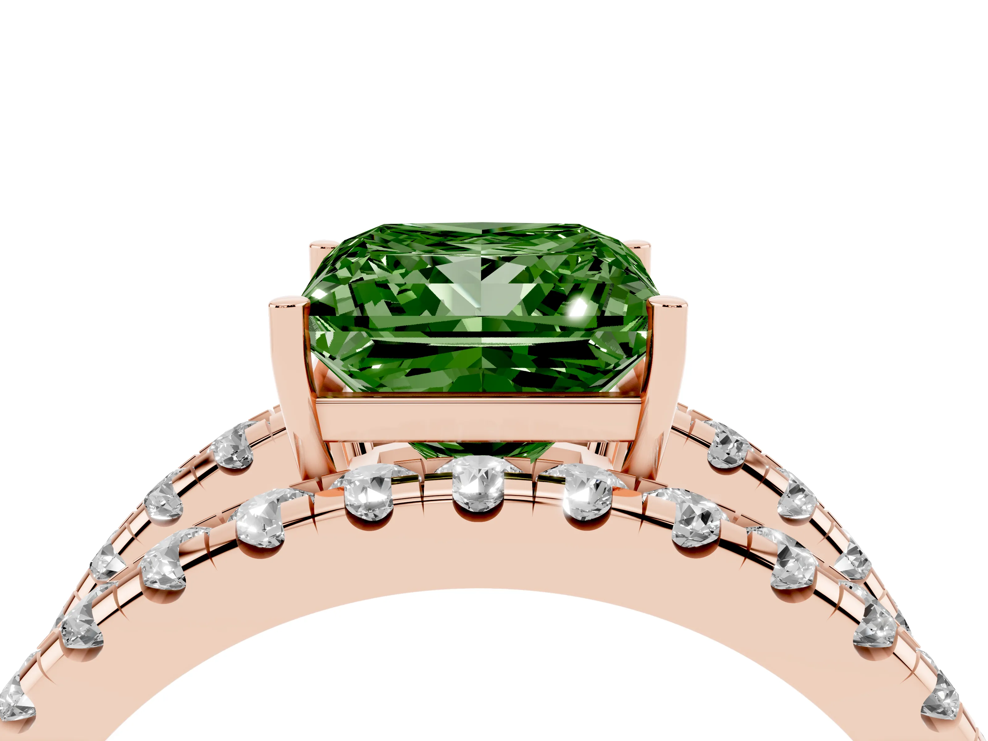 Fancy Green Princess Cut Diamond Split Shank Pavé Solitaire Ring Set in Rose gold with Open Shank Design