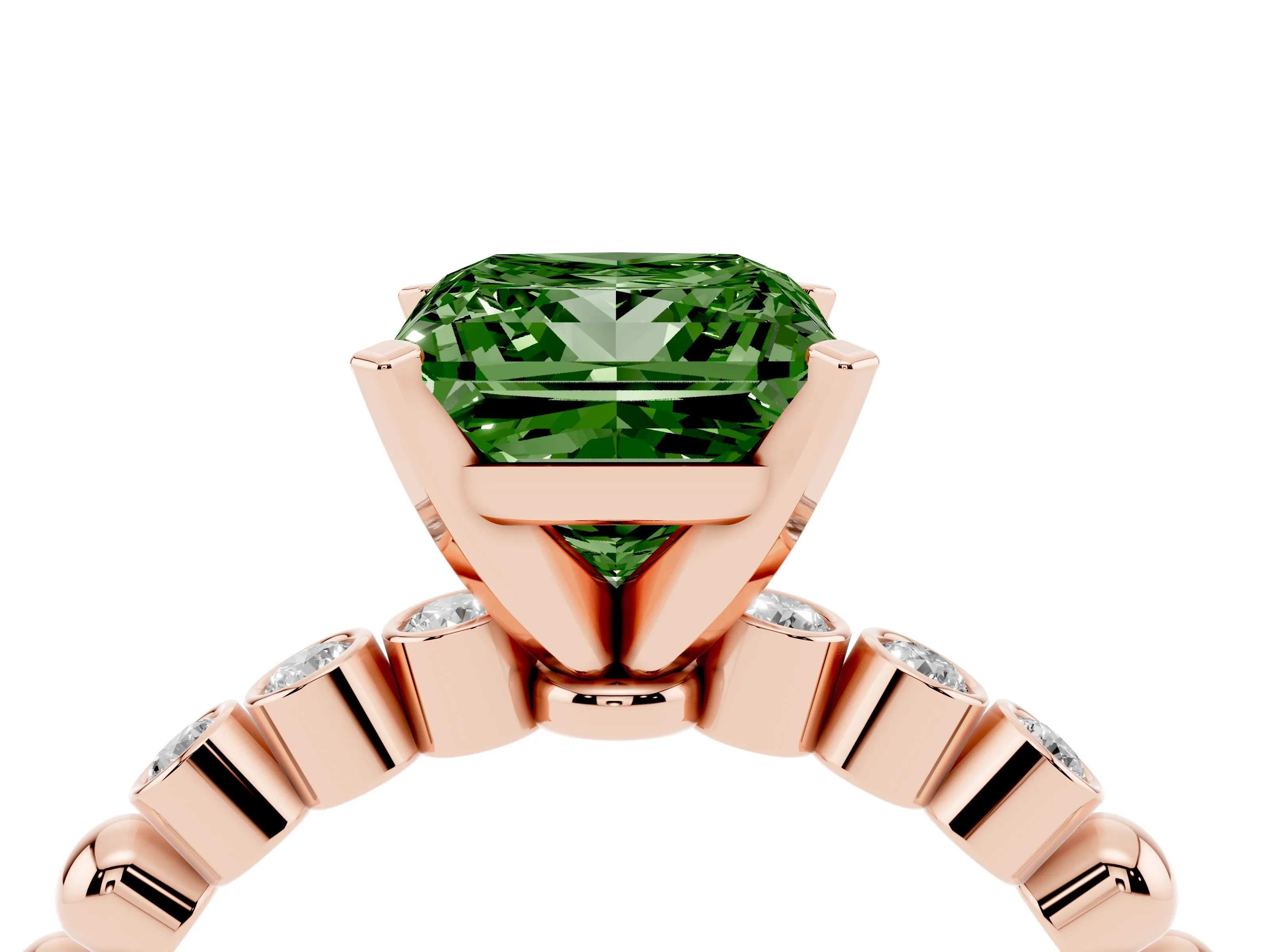Fancy Green Princess Cut Diamond Solitaire Engagement Ring Set in Rose gold with Bezel Accents on Beaded Band