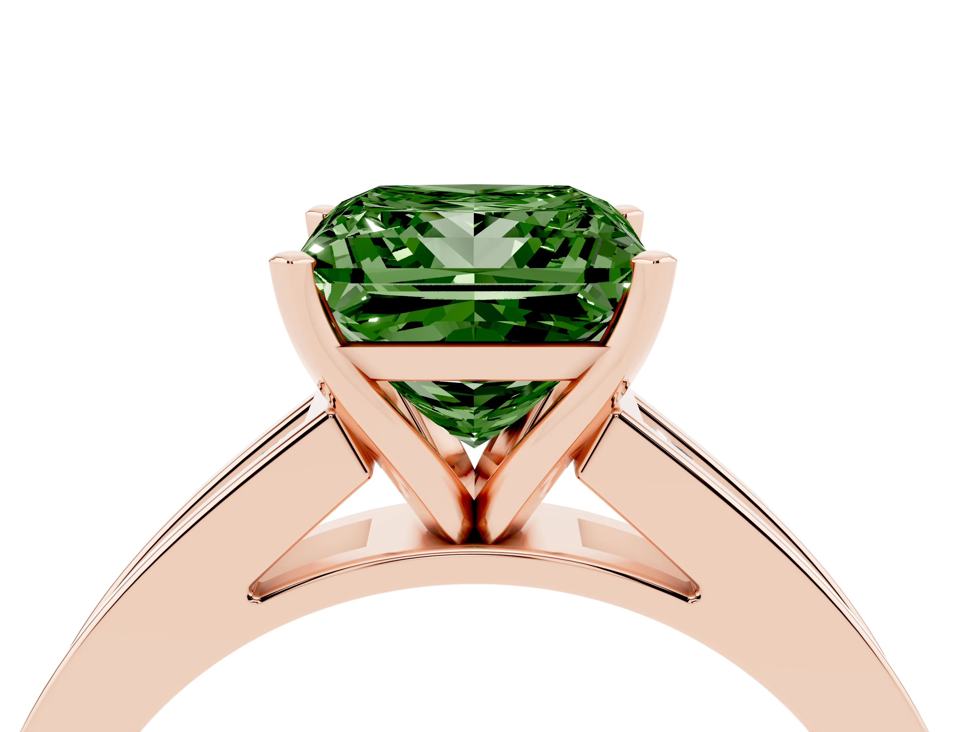 Fancy Green Princess Cut Diamond Solitaire Ring Set in Rose gold with Channel-Set Band and Prong Setting