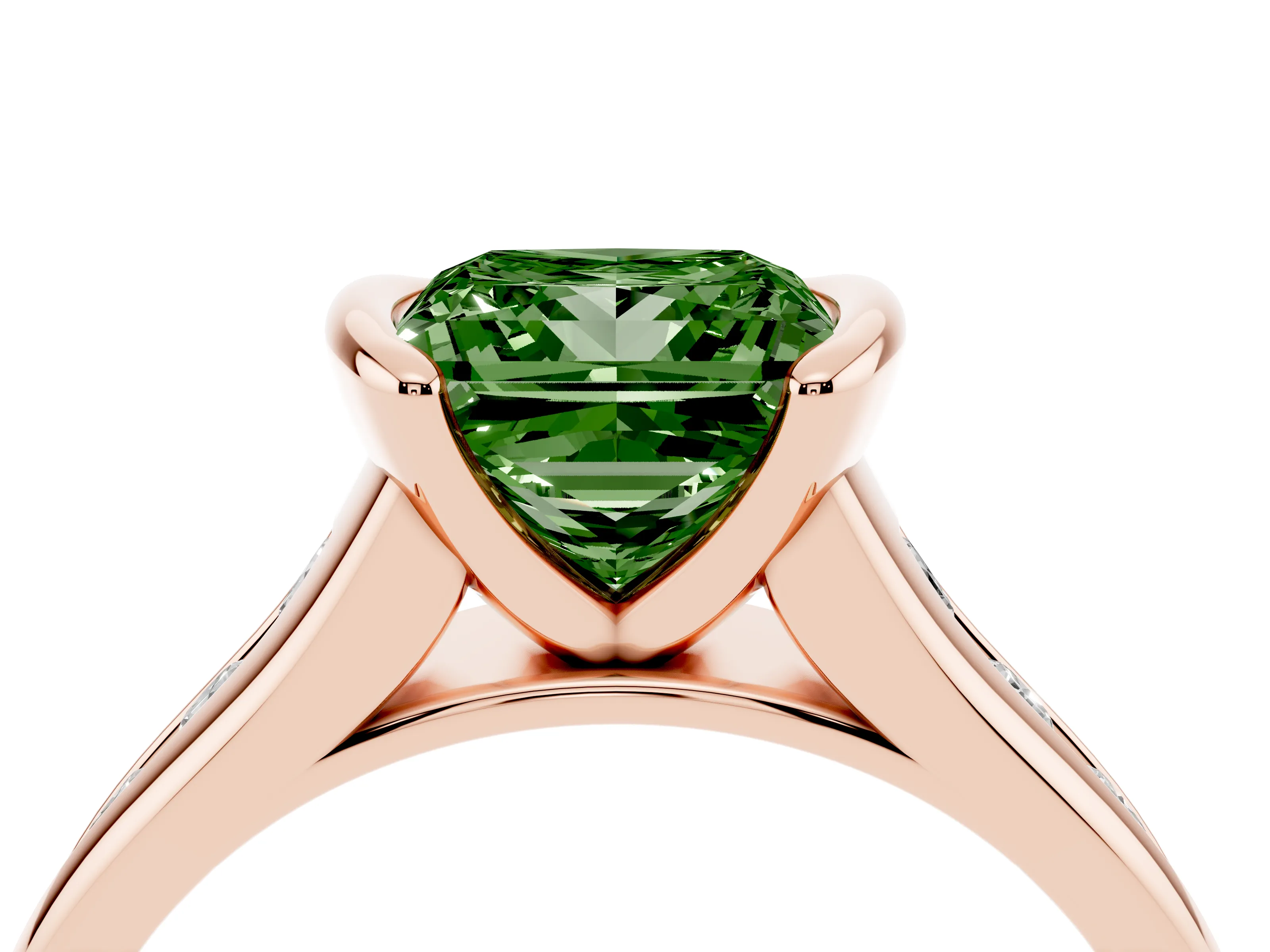 Fancy Green Princess Cut Diamond Bezel-Set Solitaire Ring Set in Rose gold with Channel-Set Band