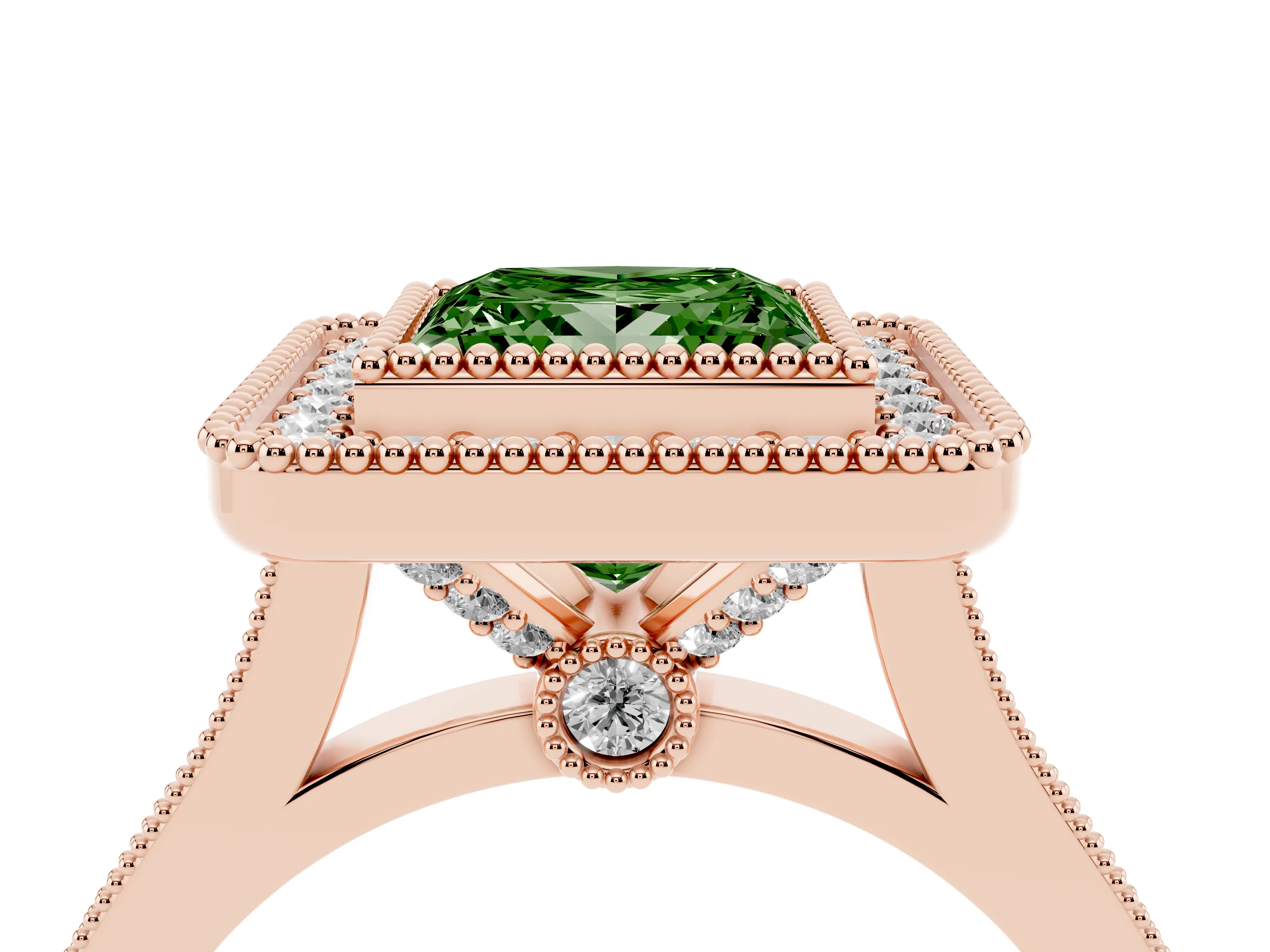 Fancy Green Princess Cut Diamond Halo Ring Set in Rose gold with Milgrain Frame and Pavé Band
