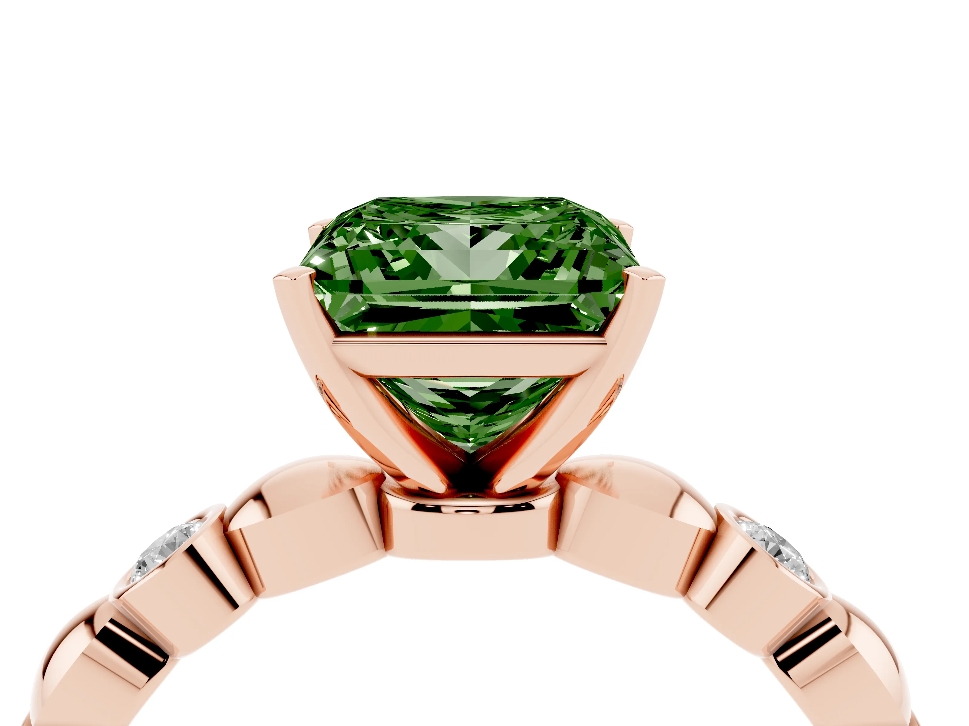 Fancy Green Princess Cut Diamond Solitaire Ring Set in Rose gold with Bezel-Set Accents on Beaded Band and Prong Setting
