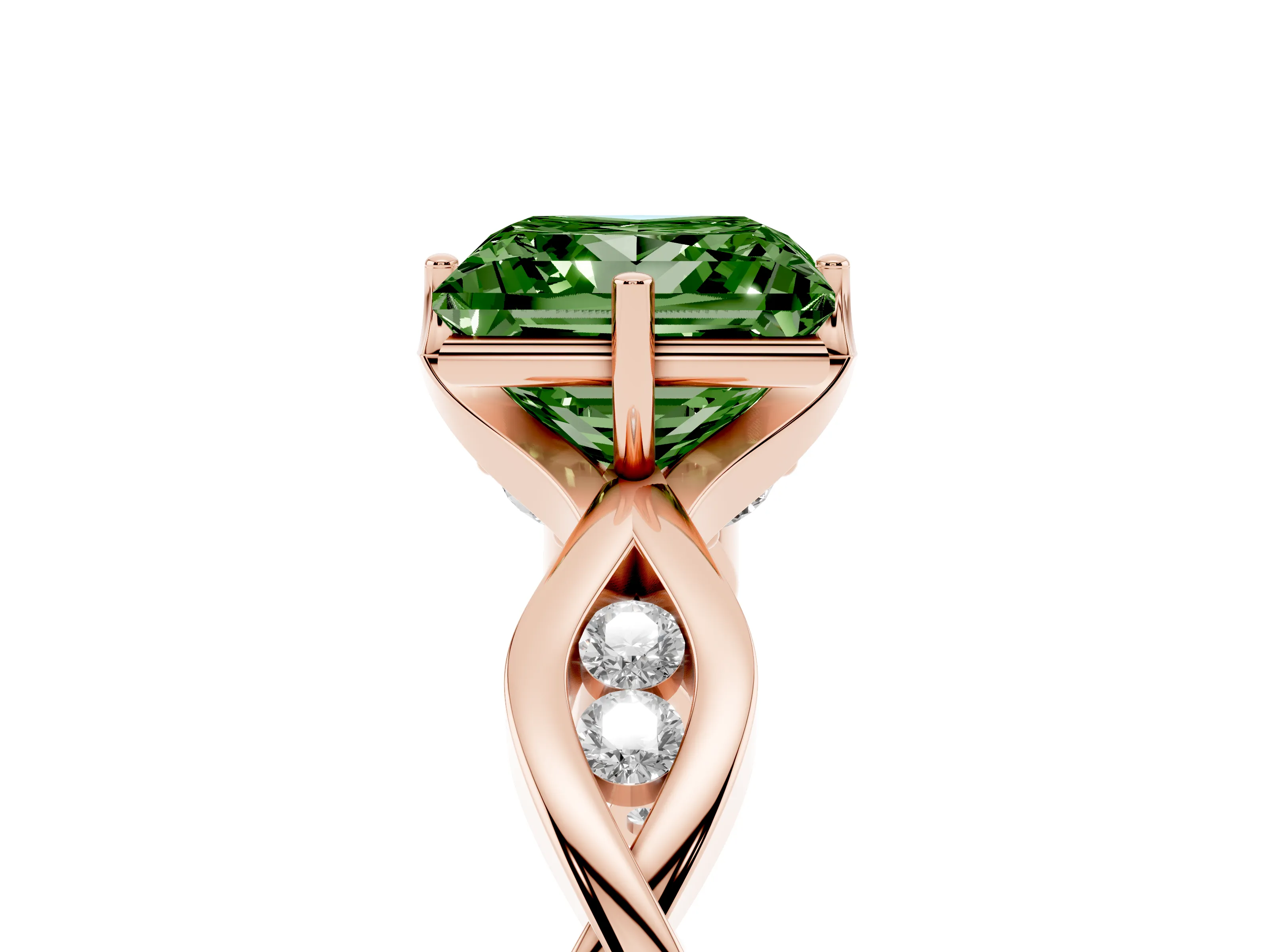 Fancy Green Princess Cut Diamond Twist Band Solitaire Ring Set in Rose gold with Leaf Prong Setting and Accent Stones