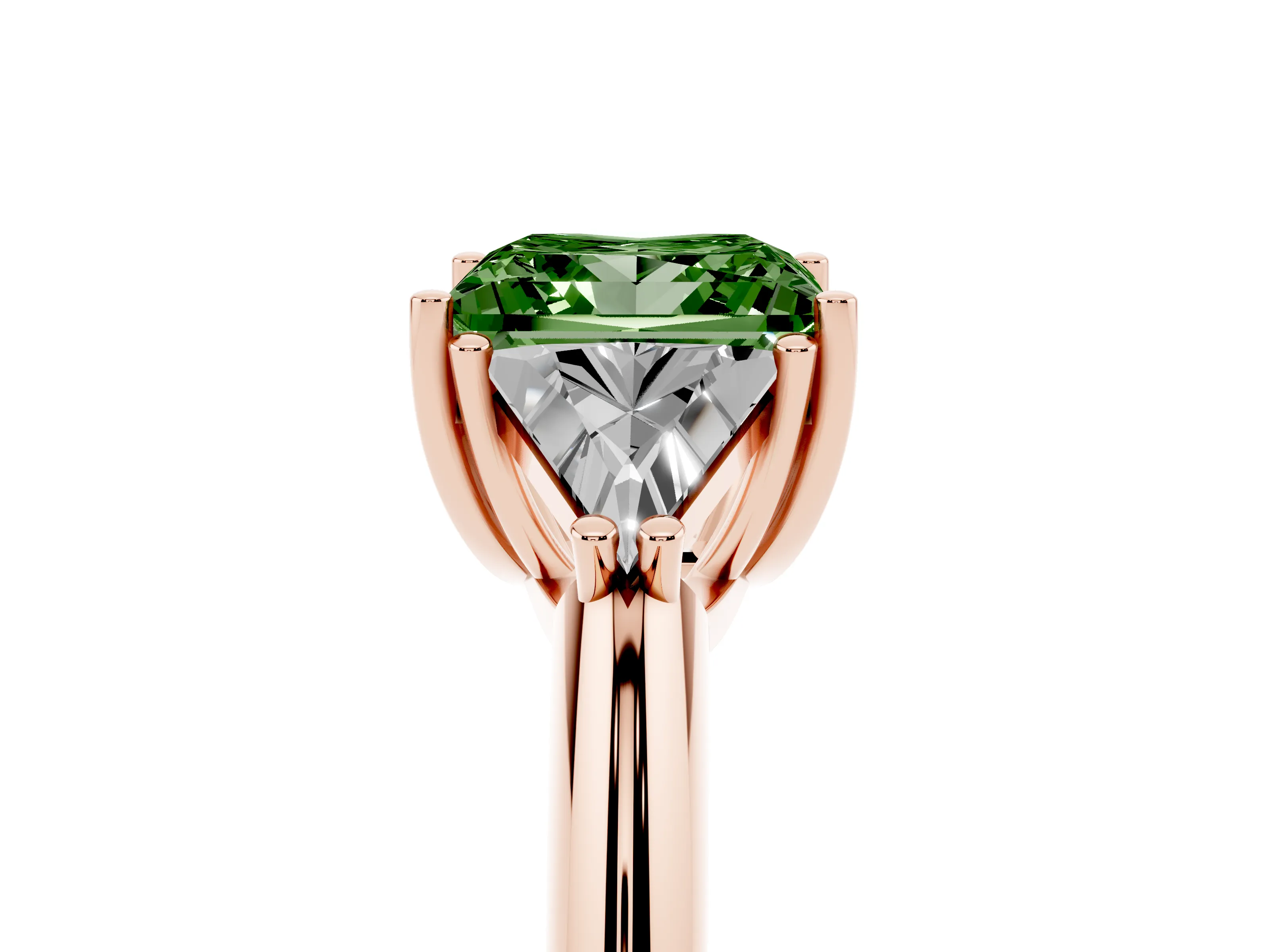 Fancy Green Princess Cut Diamond Three-Stone Engagement Ring Set in Rose gold with Trillion Side Stones
