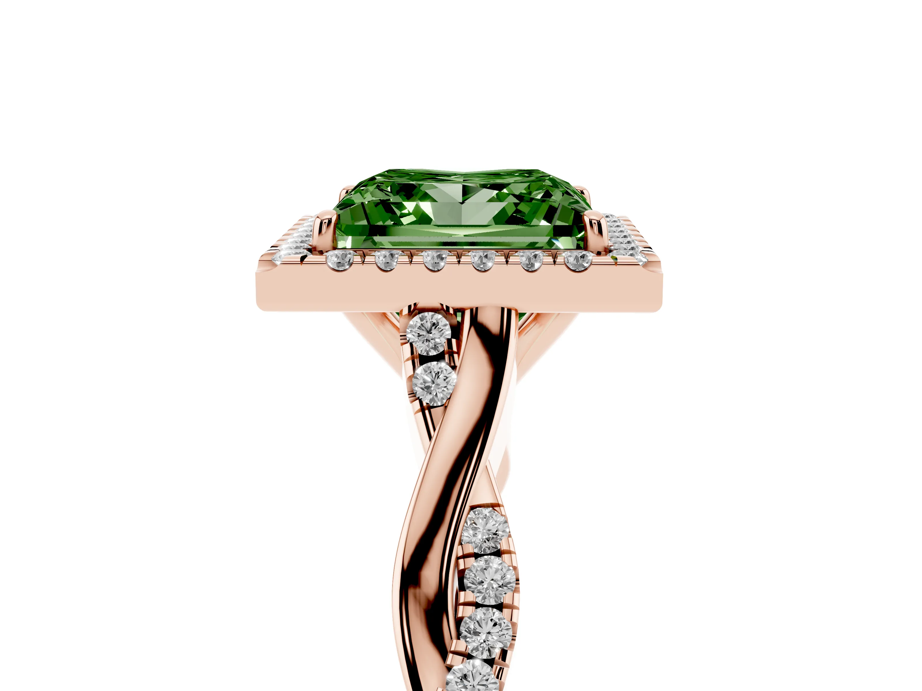 Fancy Green Princess Cut Diamond Halo Twist Band Solitaire Ring Set in Rose gold with Prong Setting