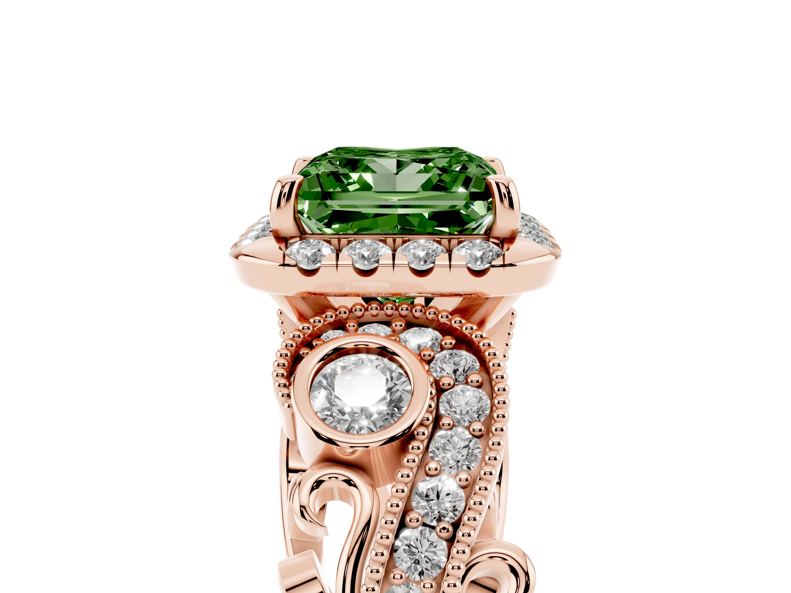 Fancy Green Princess Cut Diamond Halo Ring Set in Rose gold with Milgrain Pavé Band and Prong Setting